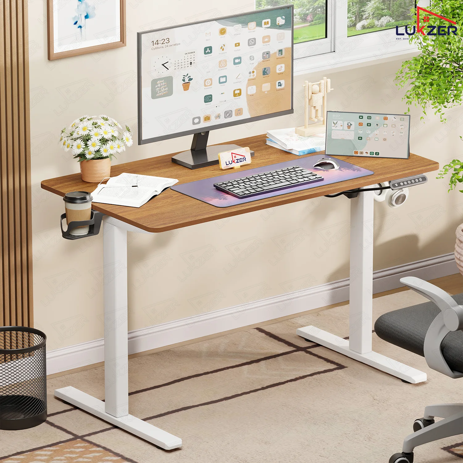 Lukzer Electric Automatic Height Adjustable Sit Stand Desk EST-003 ( White & Oak Brown ) - Image 6