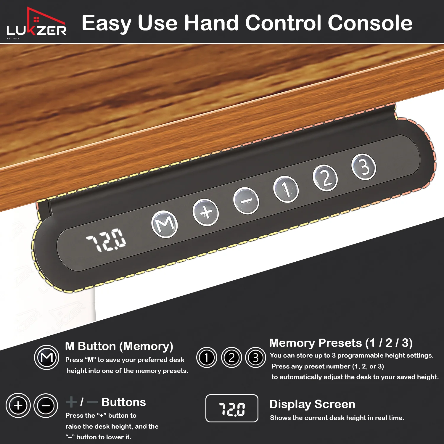 Lukzer Electric Automatic Height Adjustable Sit Stand Desk EST-003 ( White & Oak Brown ) - Image 7