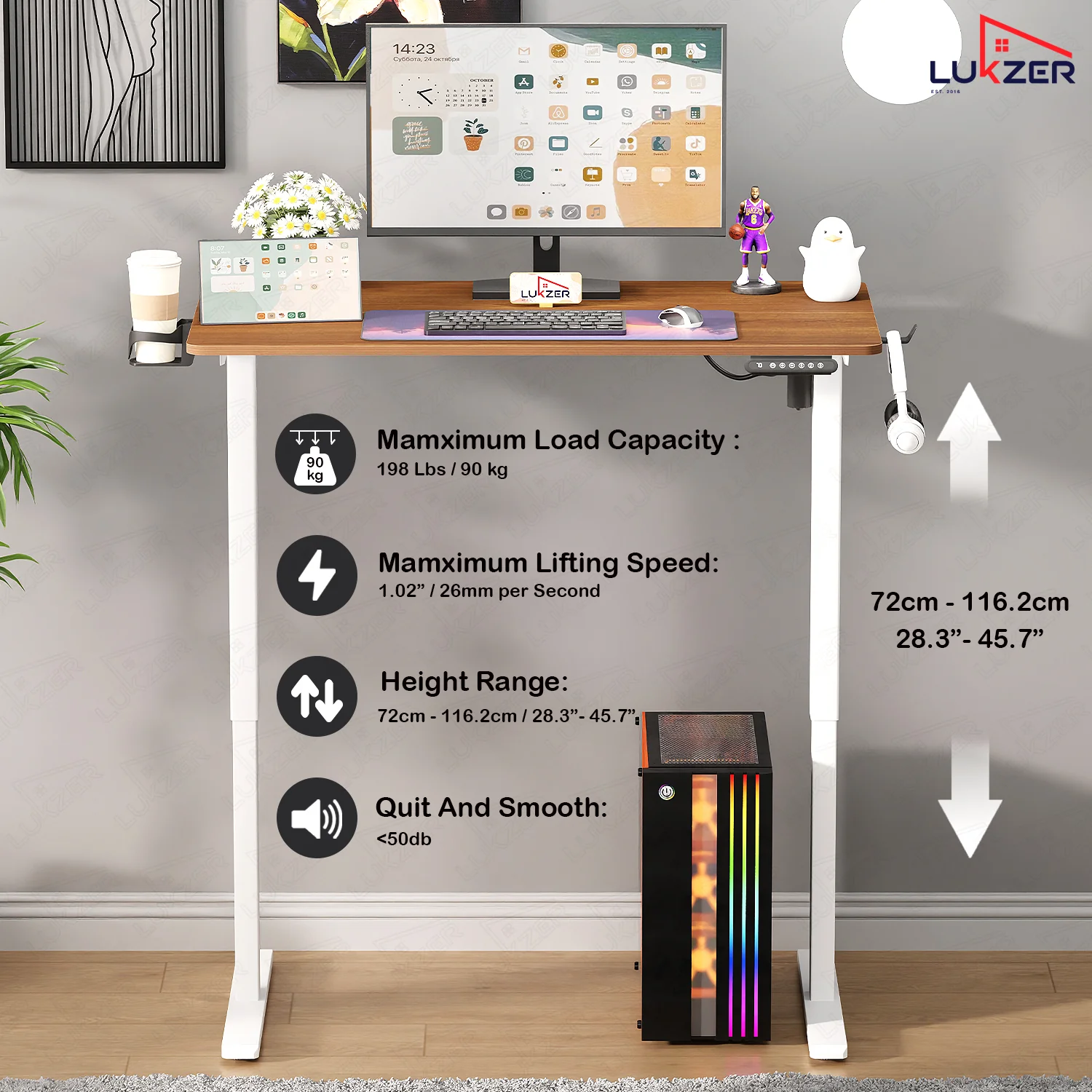 Lukzer Electric Automatic Height Adjustable Sit Stand Desk EST-003 ( White & Oak Brown ) - Image 8