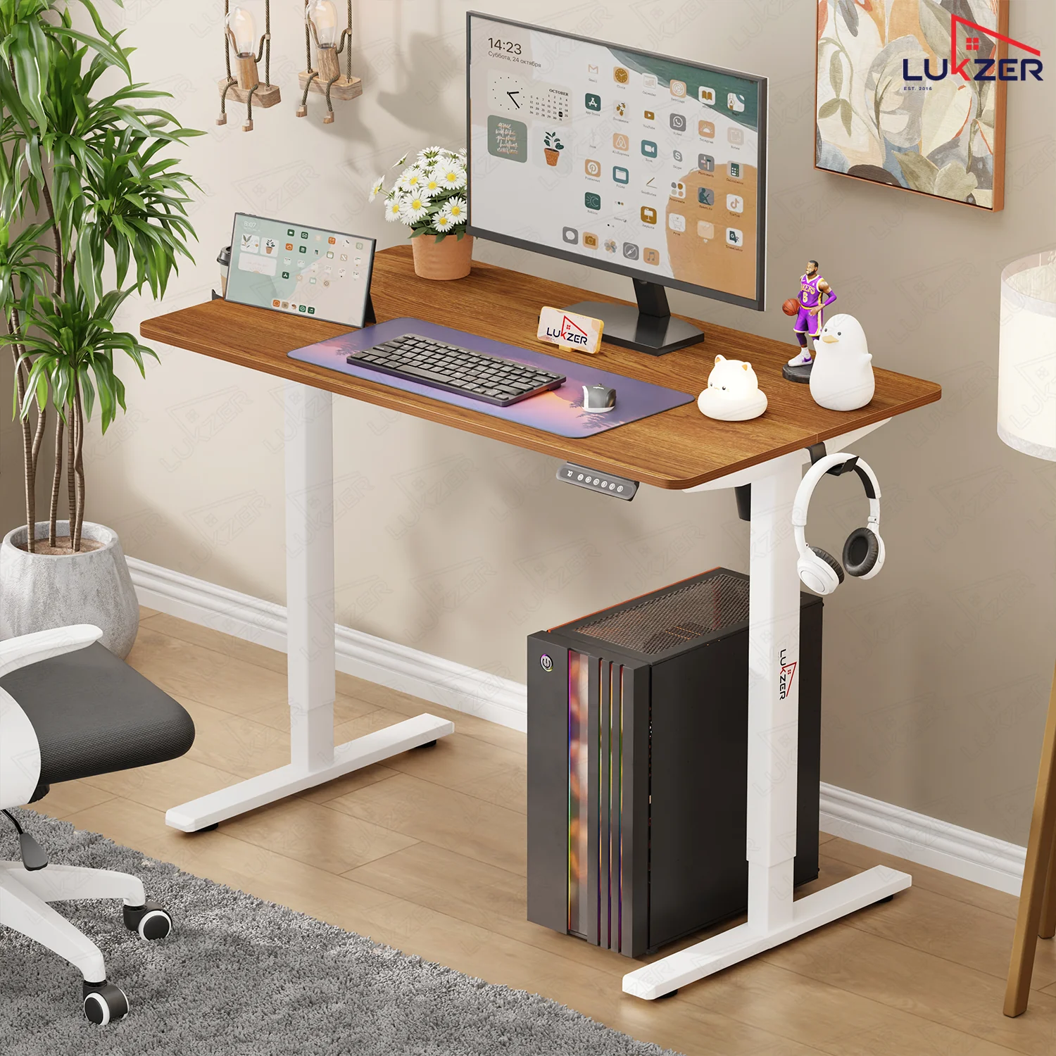Lukzer Electric Automatic Height Adjustable Sit Stand Desk EST-003 ( White & Oak Brown ) - Image 9
