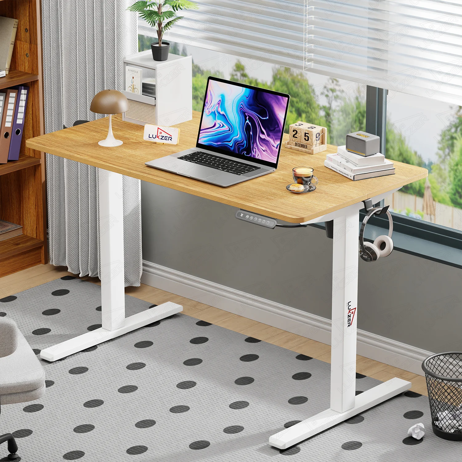 Lukzer Electric Automatic Height Adjustable Sit Stand Desk EST-003 ( White & Oak Light ) - Image 3