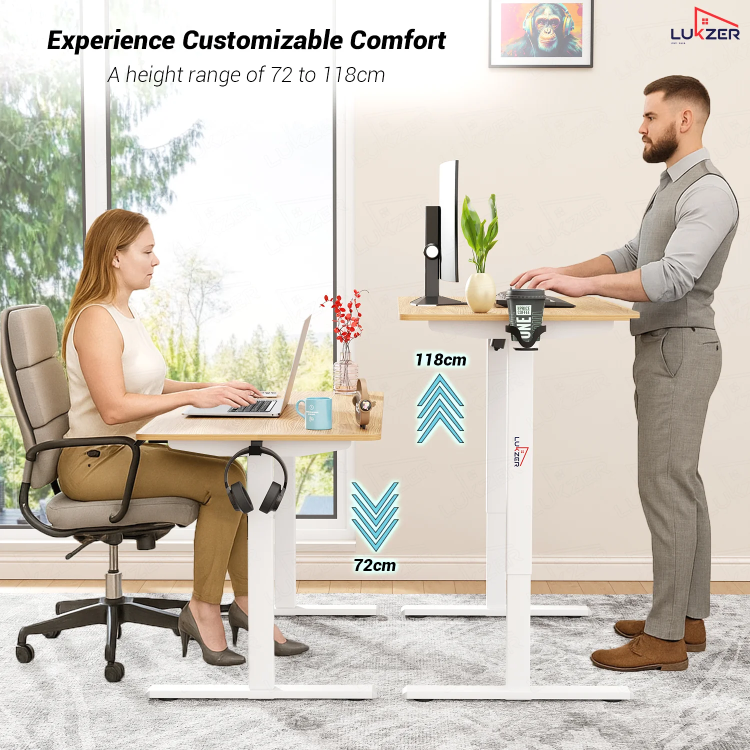 Lukzer Electric Automatic Height Adjustable Sit Stand Desk EST-003 ( White & Oak Light ) - Image 4