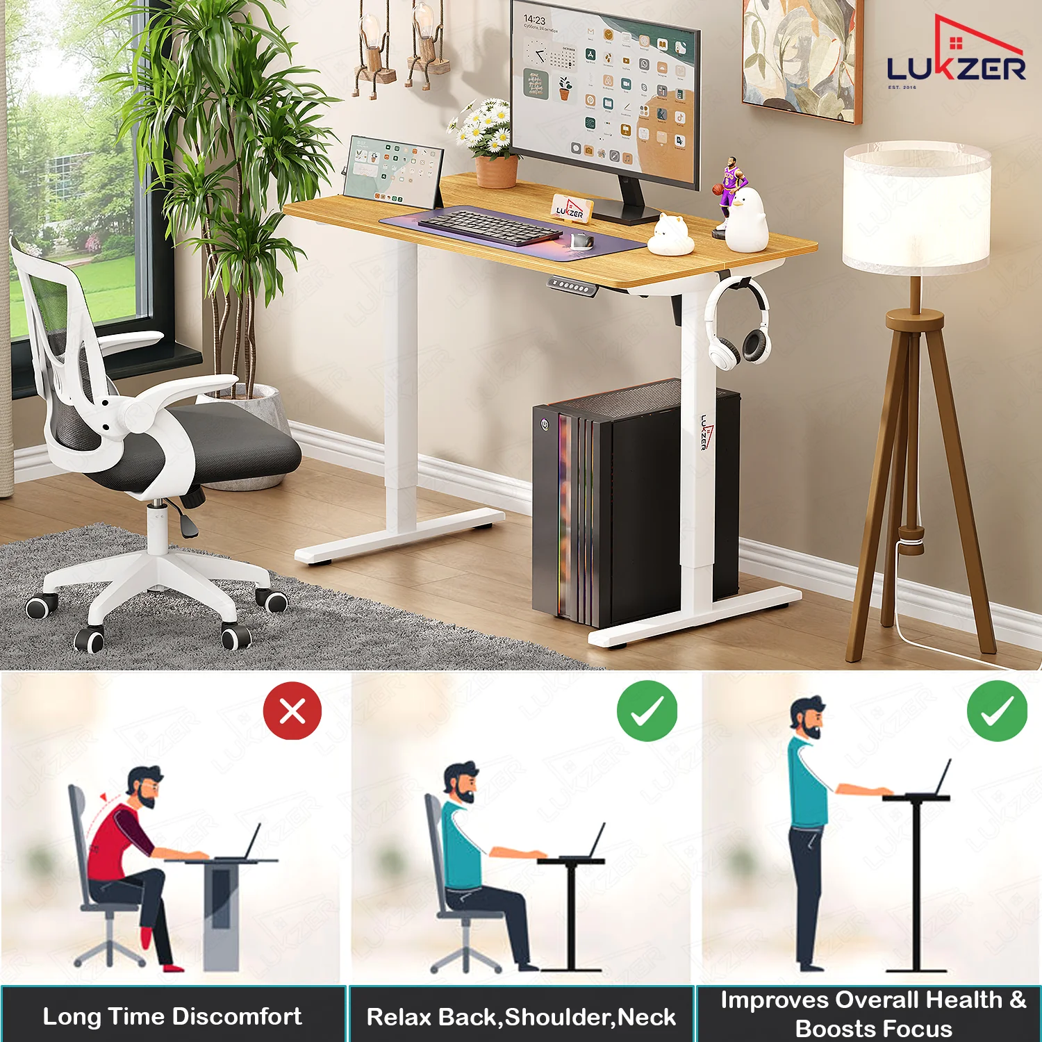 Lukzer Electric Automatic Height Adjustable Sit Stand Desk EST-003 ( White & Oak Light ) - Image 5