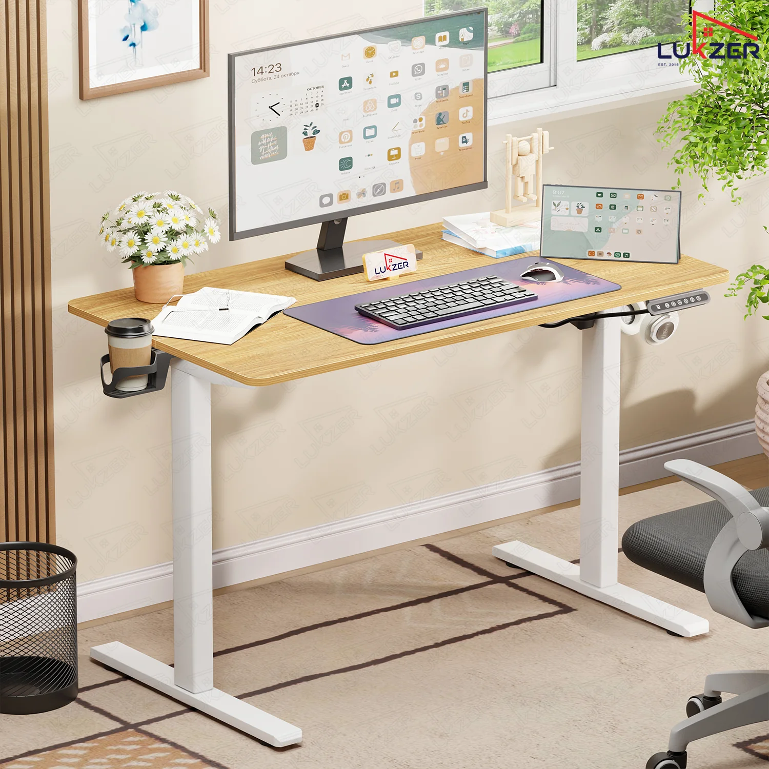 Lukzer Electric Automatic Height Adjustable Sit Stand Desk EST-003 ( White & Oak Light ) - Image 6