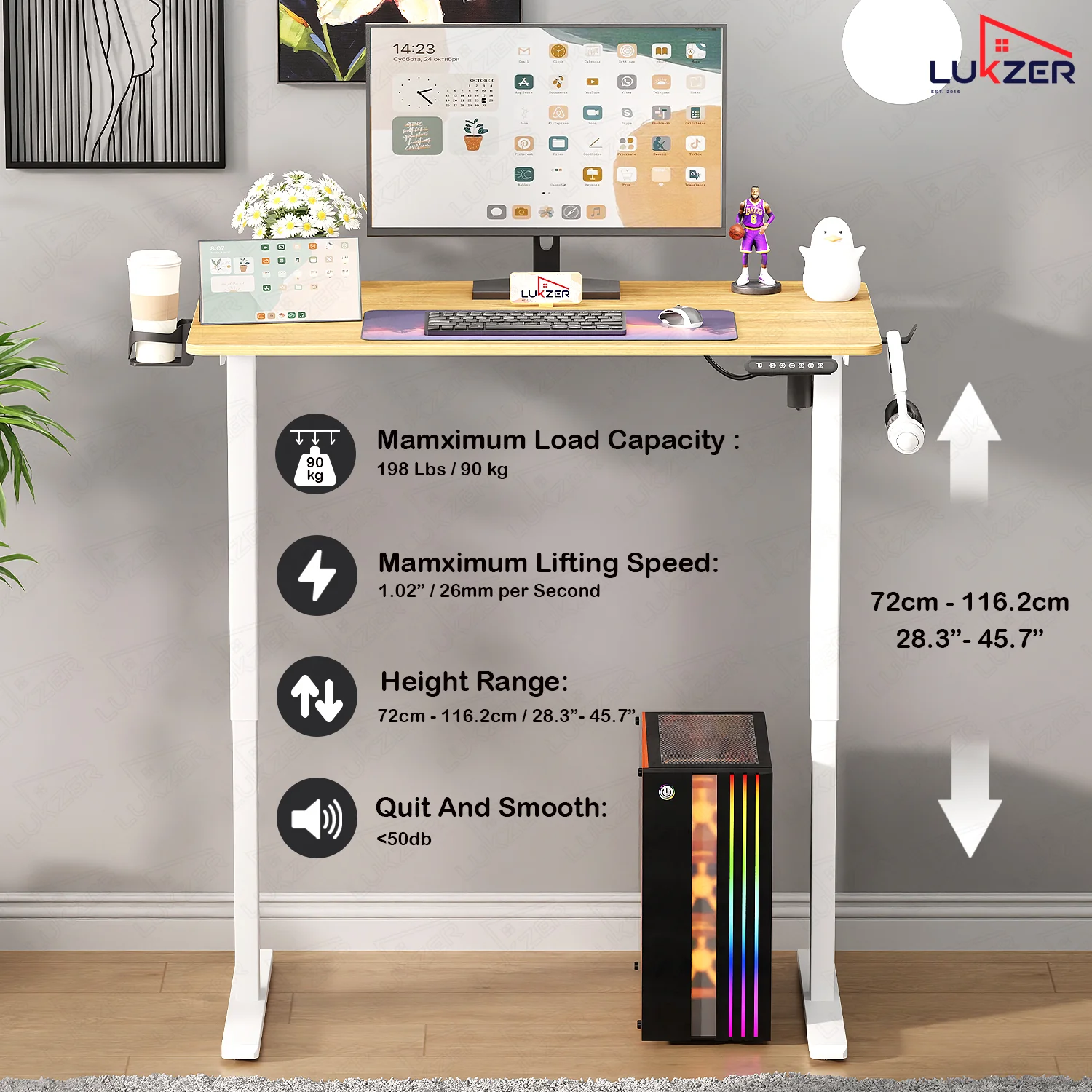 Lukzer Electric Automatic Height Adjustable Sit Stand Desk EST-003 ( White & Oak Light ) - Image 7