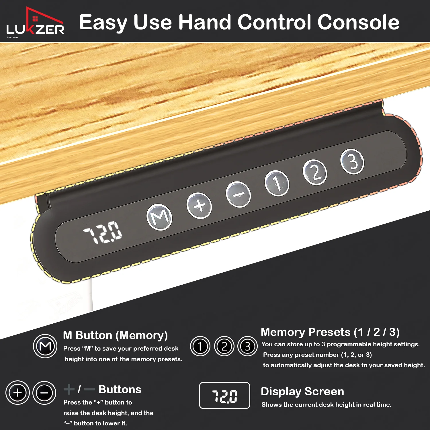 Lukzer Electric Automatic Height Adjustable Sit Stand Desk EST-003 ( White & Oak Light ) - Image 8