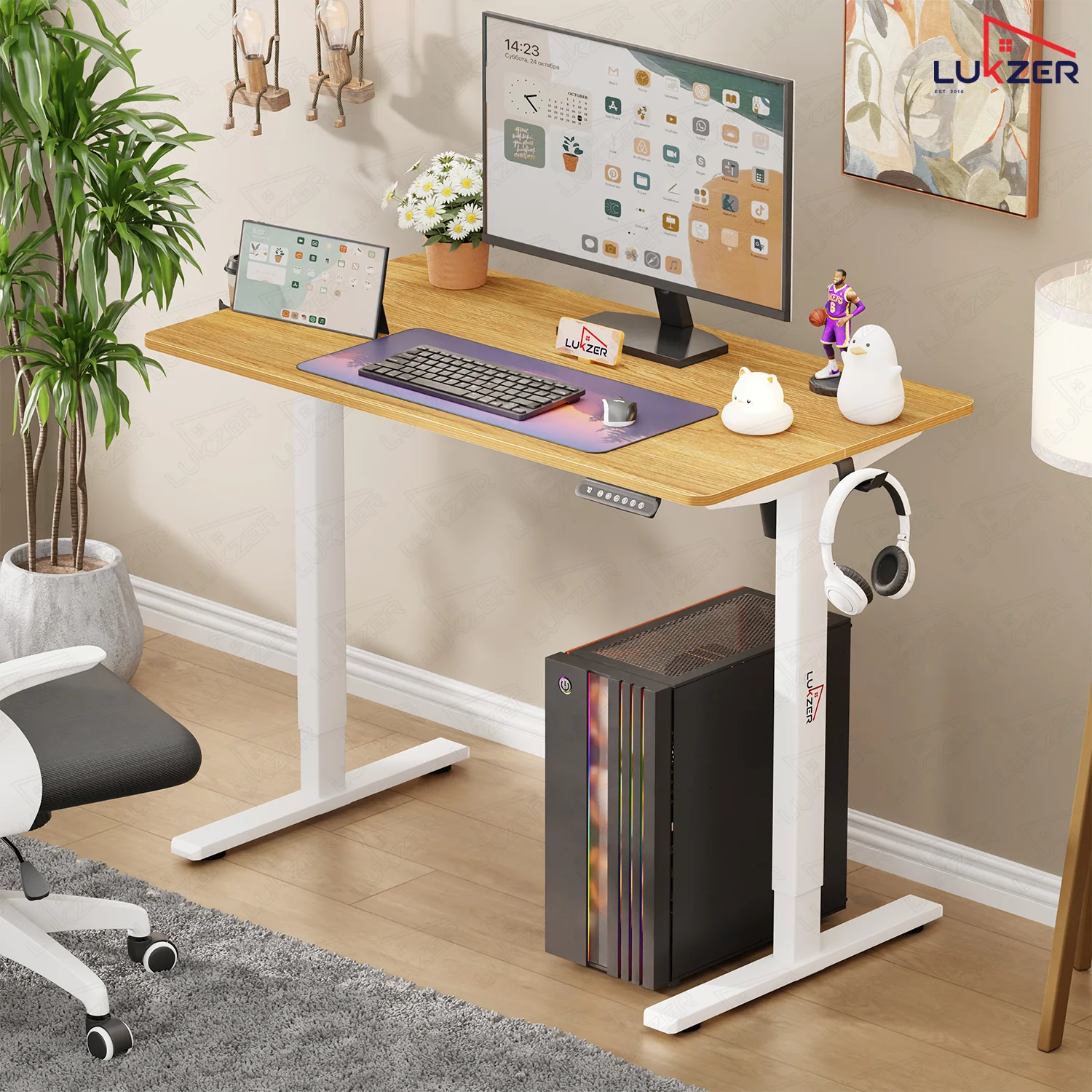 Lukzer Electric Automatic Height Adjustable Sit Stand Desk EST-003 ( White & Oak Light ) - Image 9