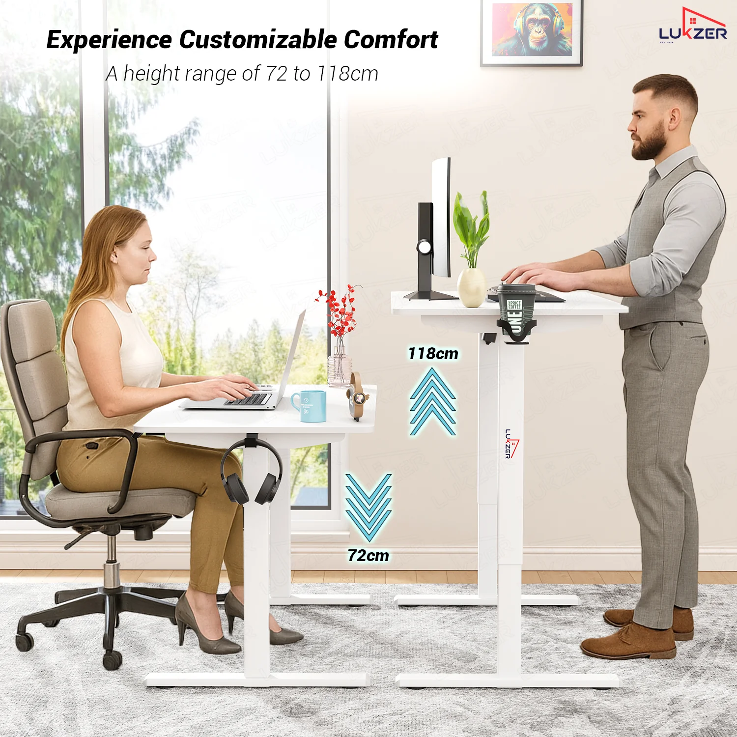 Lukzer Electric Automatic Height Adjustable Sit Stand Desk EST-003 ( White & White ) - Image 3