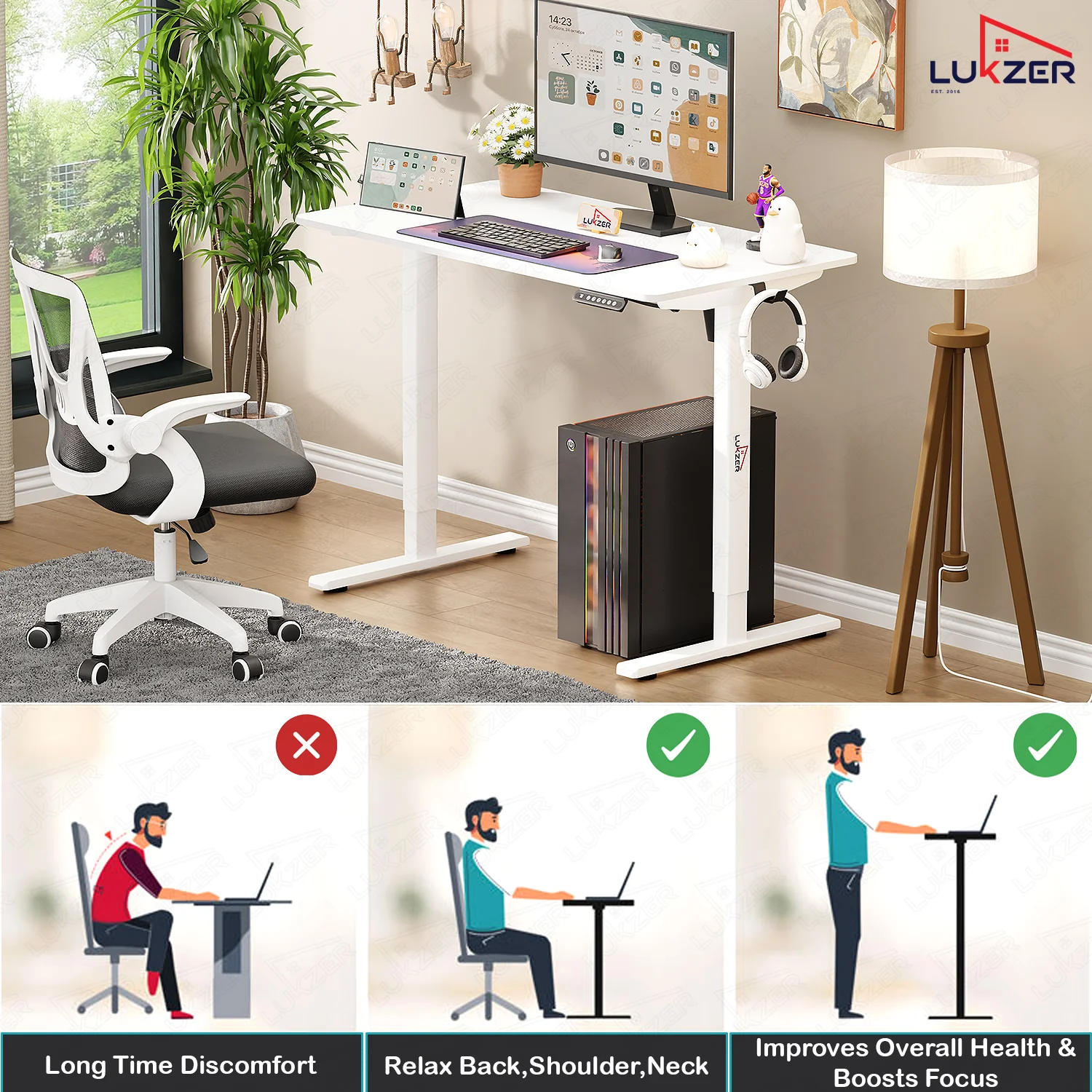 Lukzer Electric Automatic Height Adjustable Sit Stand Desk EST-003 ( White & White ) - Image 4
