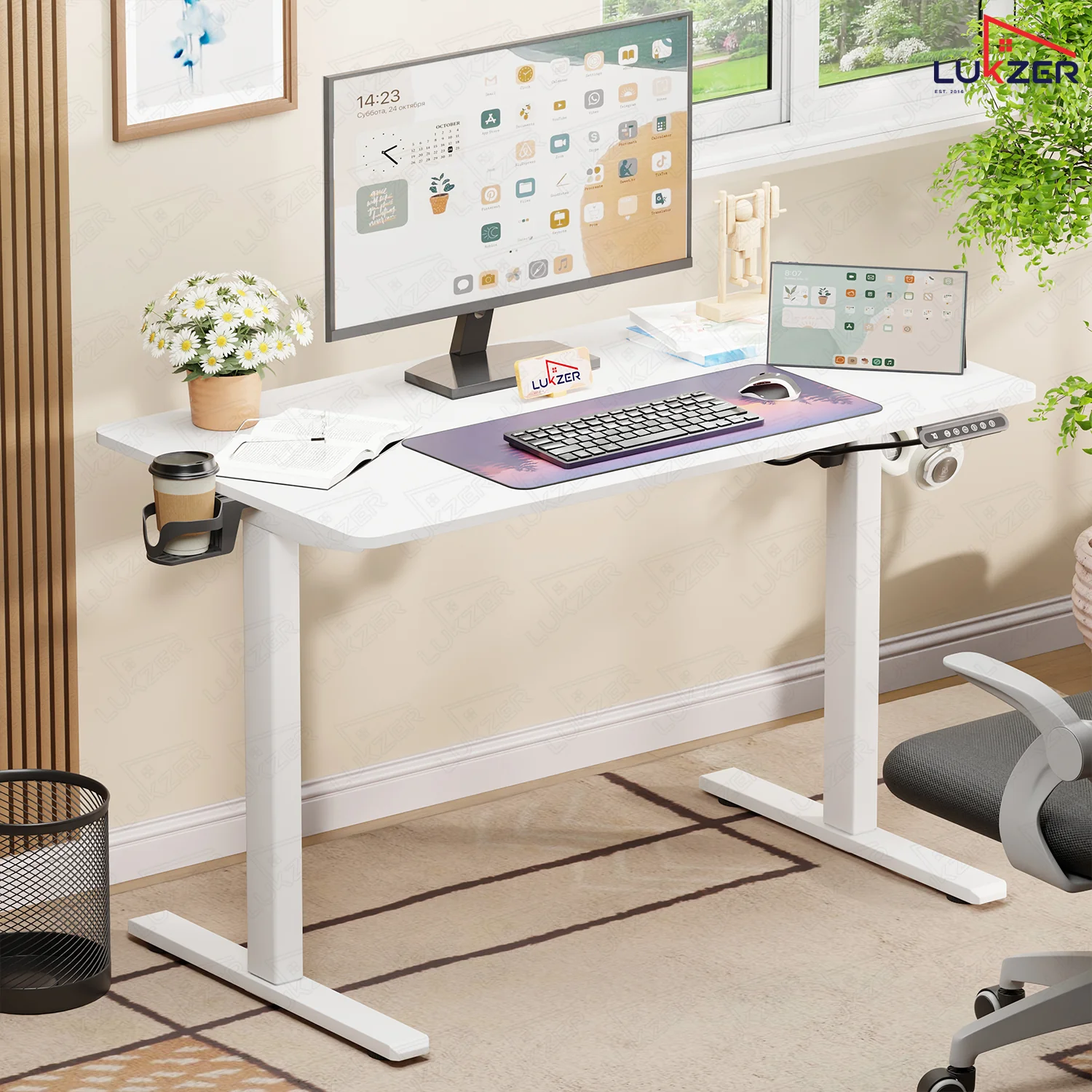 Lukzer Electric Automatic Height Adjustable Sit Stand Desk EST-003 ( White & White ) - Image 5