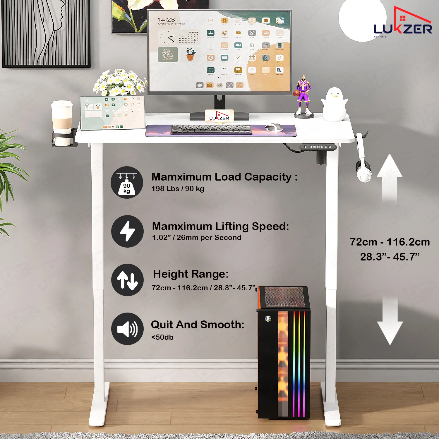 Lukzer Electric Automatic Height Adjustable Sit Stand Desk EST-003 ( White & White ) - Image 6