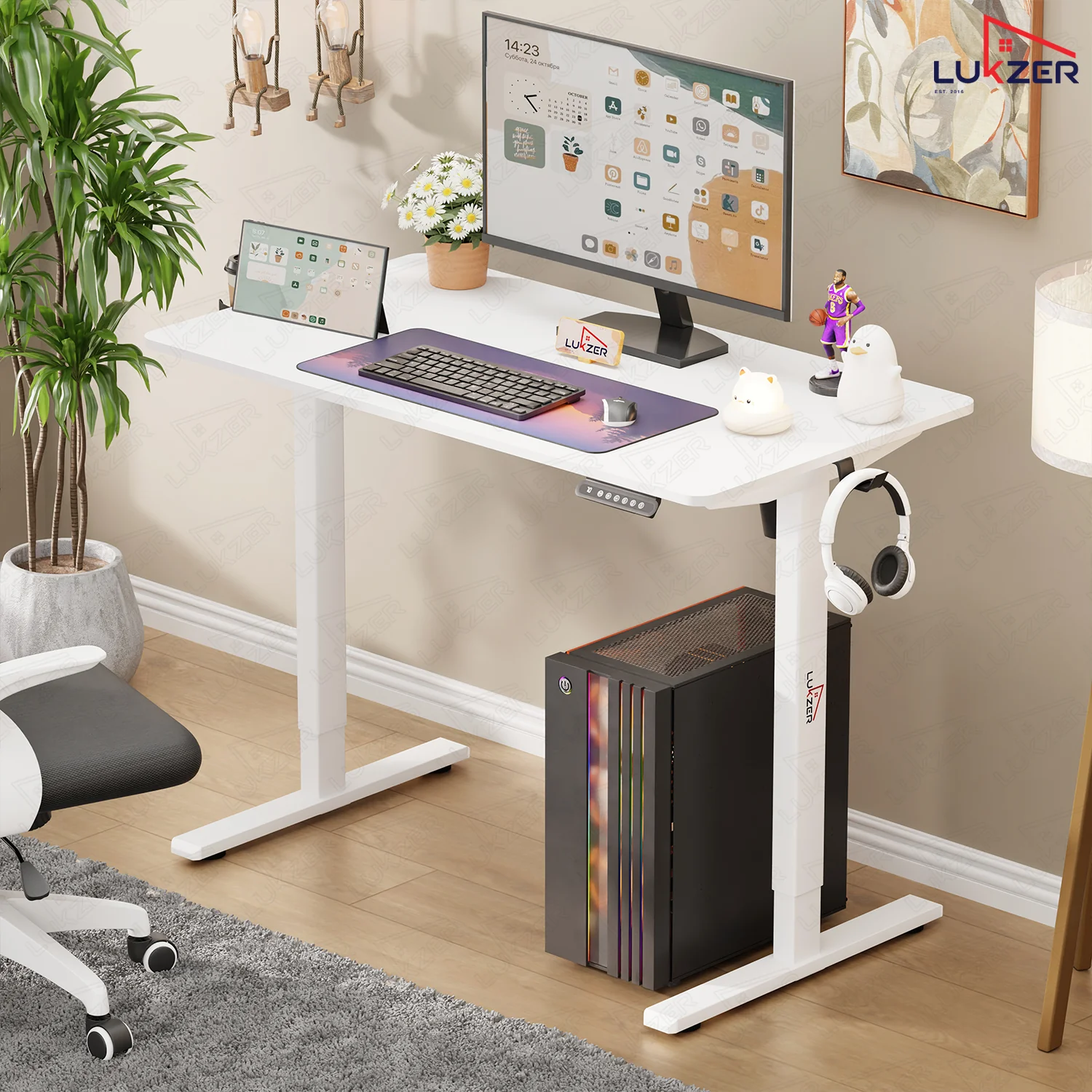Lukzer Electric Automatic Height Adjustable Sit Stand Desk EST-003 ( White & White ) - Image 8