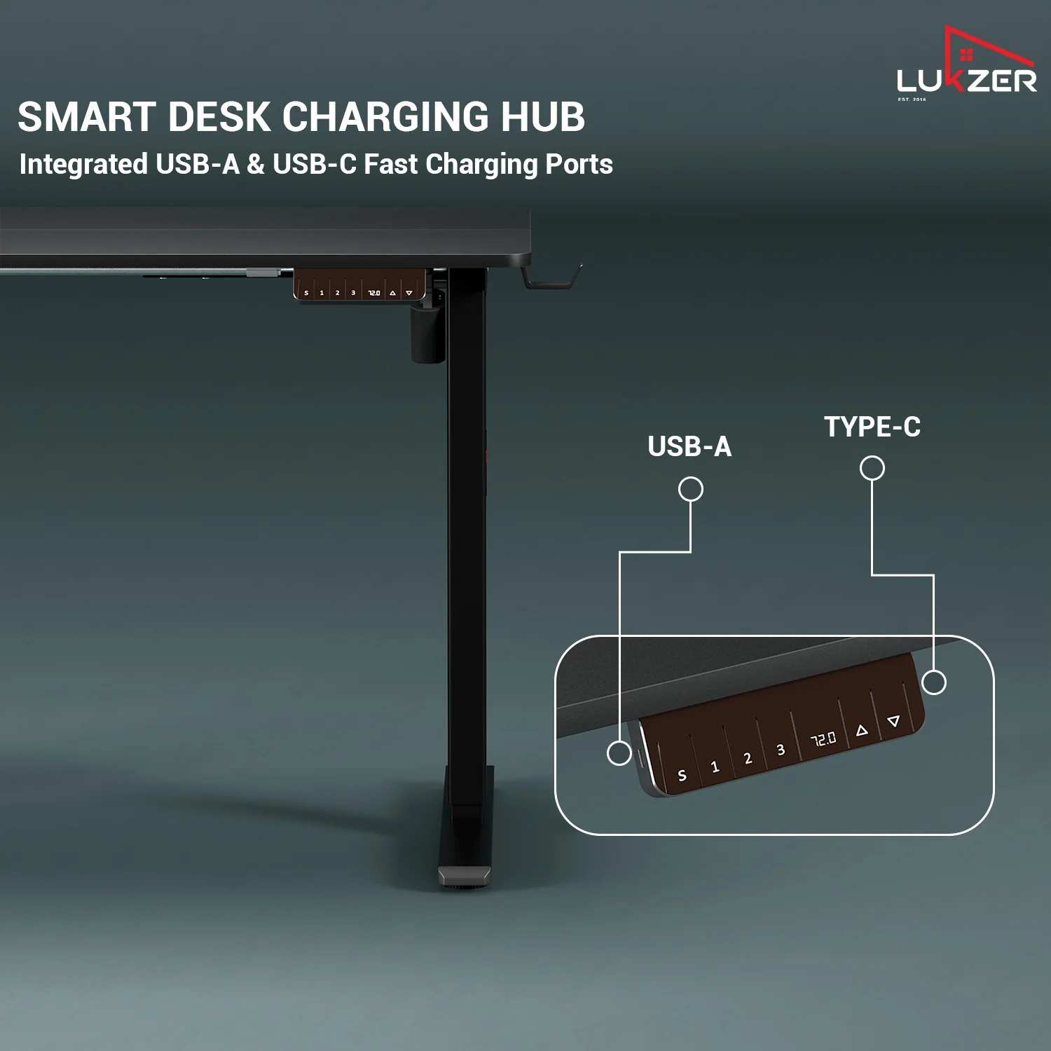 Lukzer Electric Height Adjustable Desk with USB & Type-C Study Table (EST-003/UC-Black & Black) - Image 3