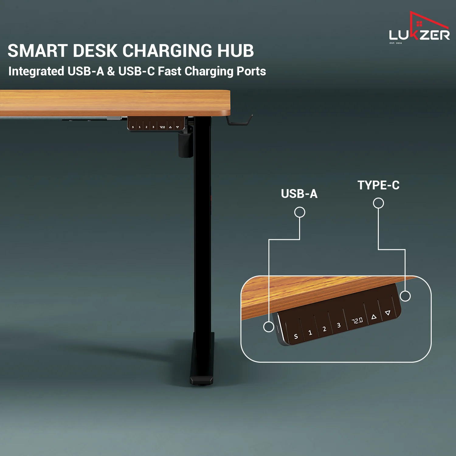 Lukzer Electric Height Adjustable Desk with USB & Type-C Study Table (EST-003/UC-Black & Oak Brown) - Image 3
