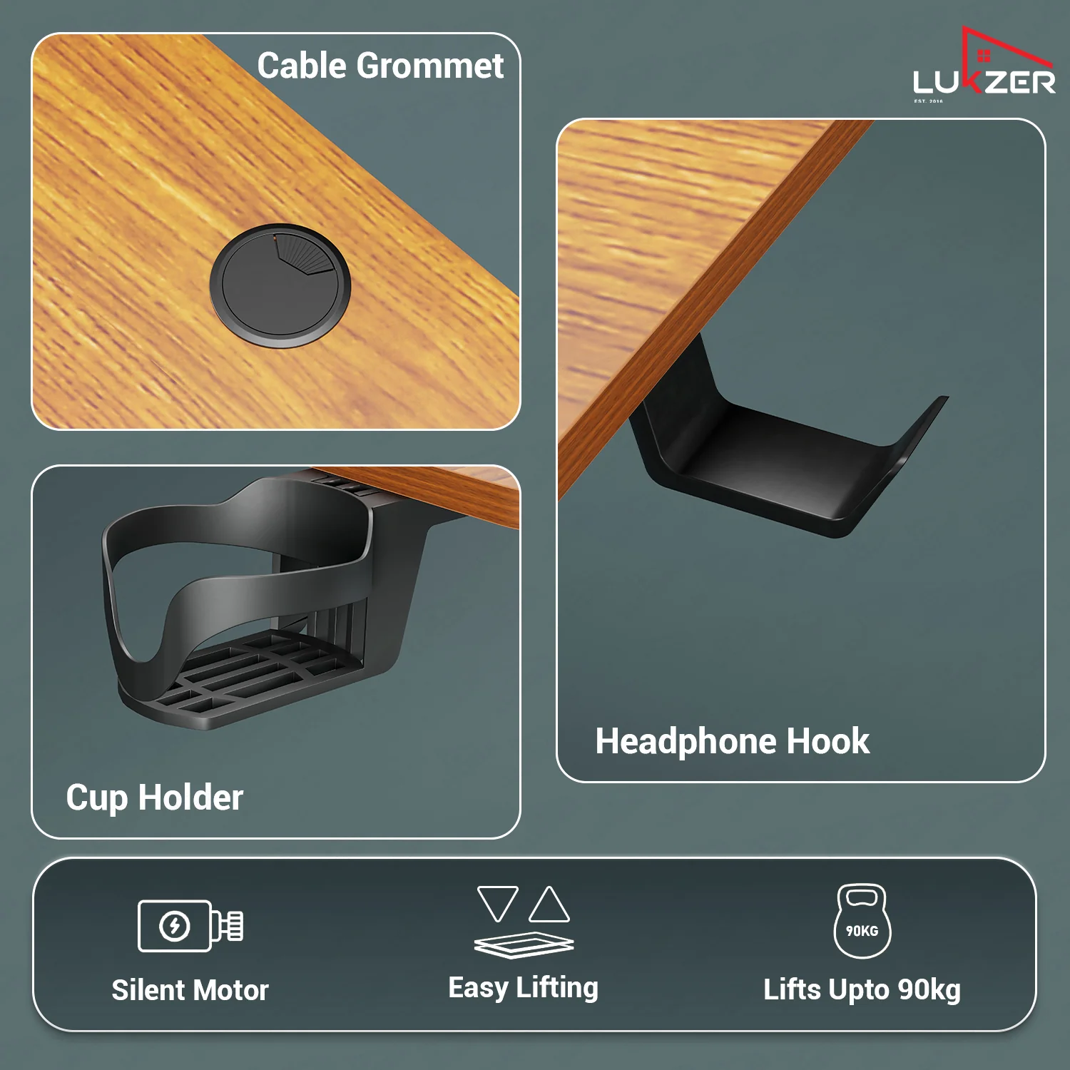 Lukzer Electric Height Adjustable Desk with USB & Type-C Study Table (EST-003/UC-Black & Oak Brown) - Image 5