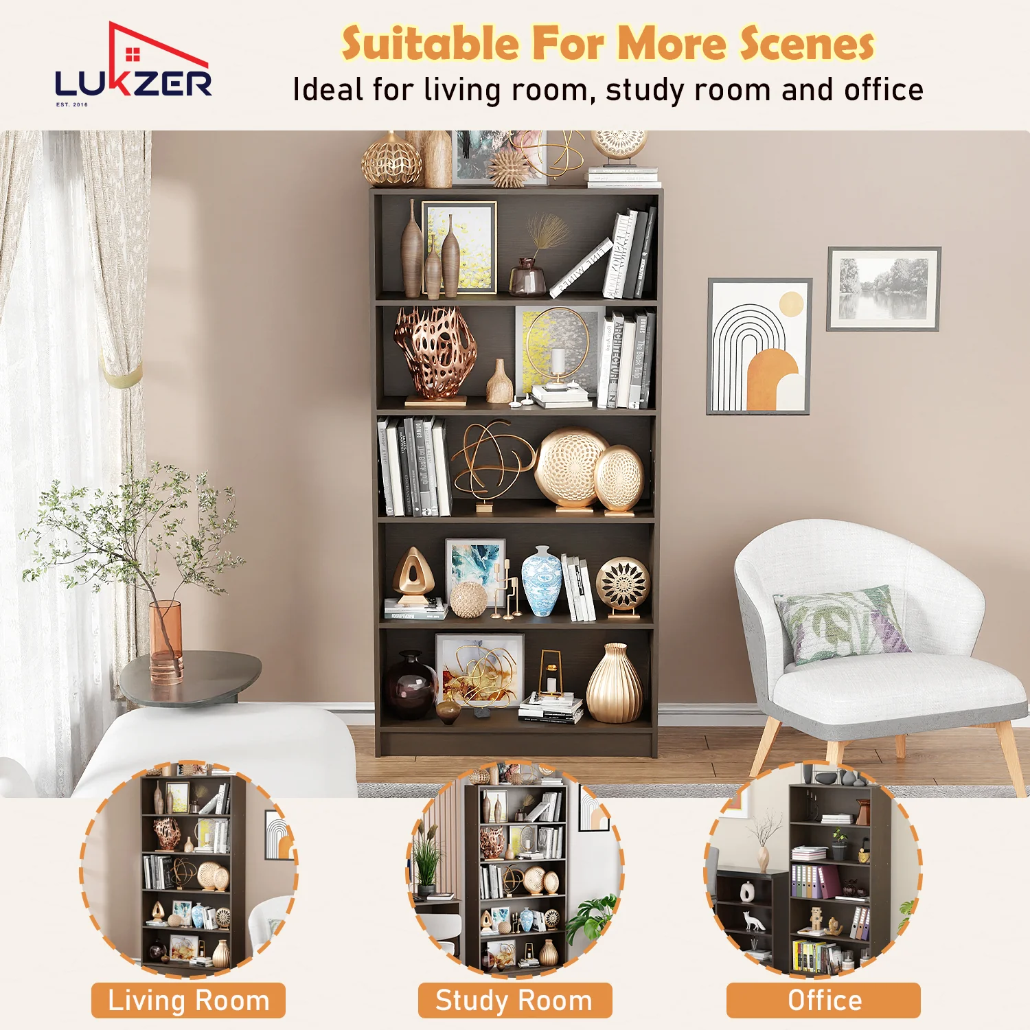 Lukzer Engineered Wood 6 Tier Bookcase Open Bookshelf & Display Rack (MR-032/Oak Brown) - Image 10