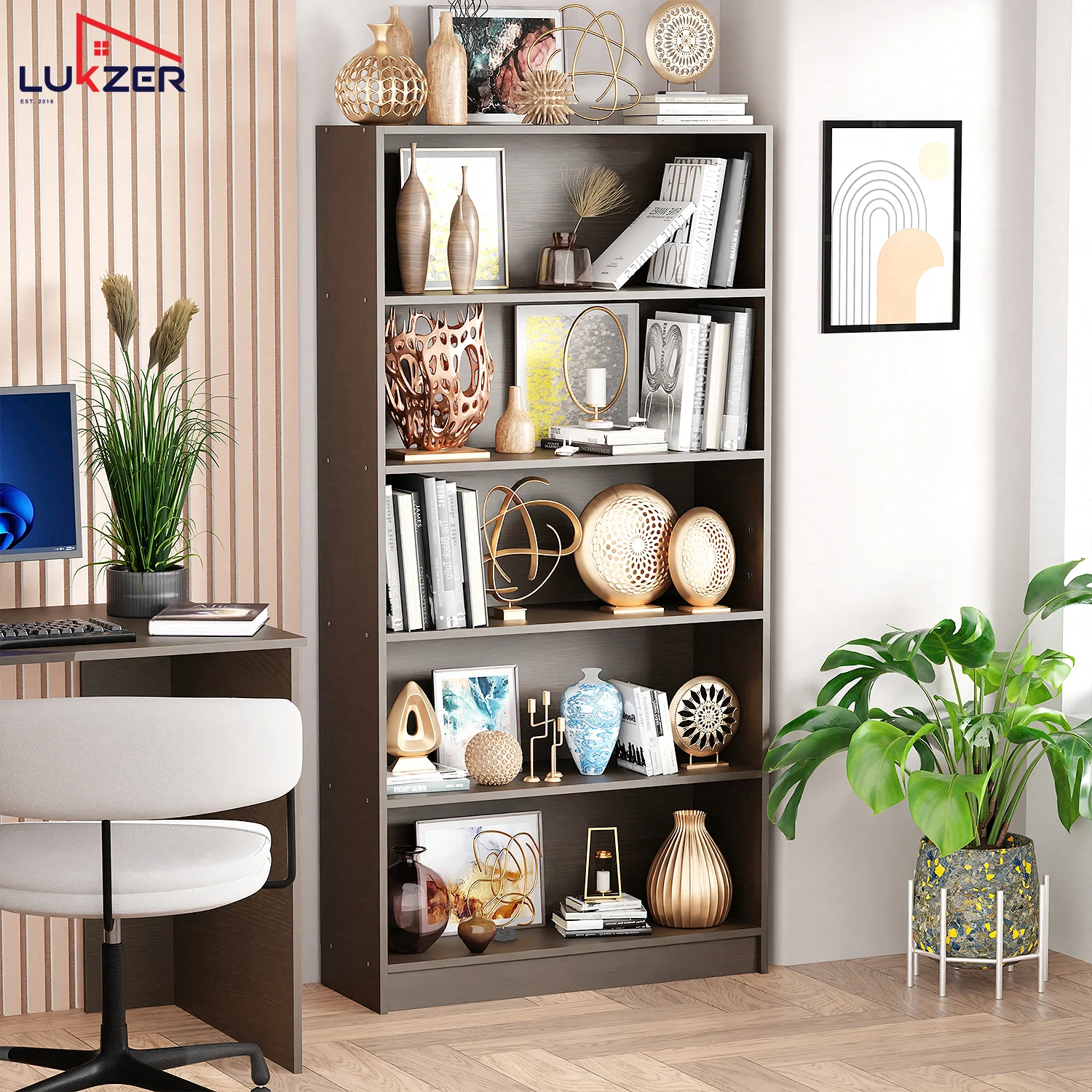 Lukzer Engineered Wood 6 Tier Bookcase Open Bookshelf & Display Rack (MR-032/Oak Brown) - Image 4