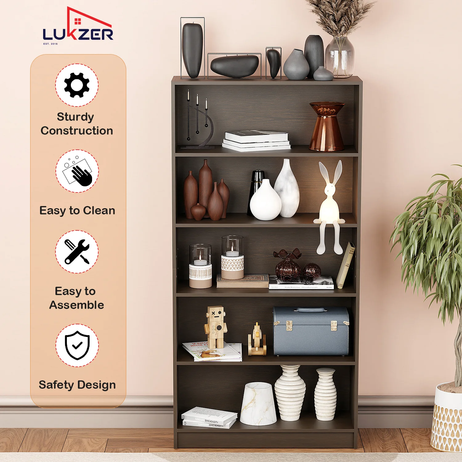 Lukzer Engineered Wood 6 Tier Bookcase Open Bookshelf & Display Rack (MR-032/Oak Brown) - Image 6