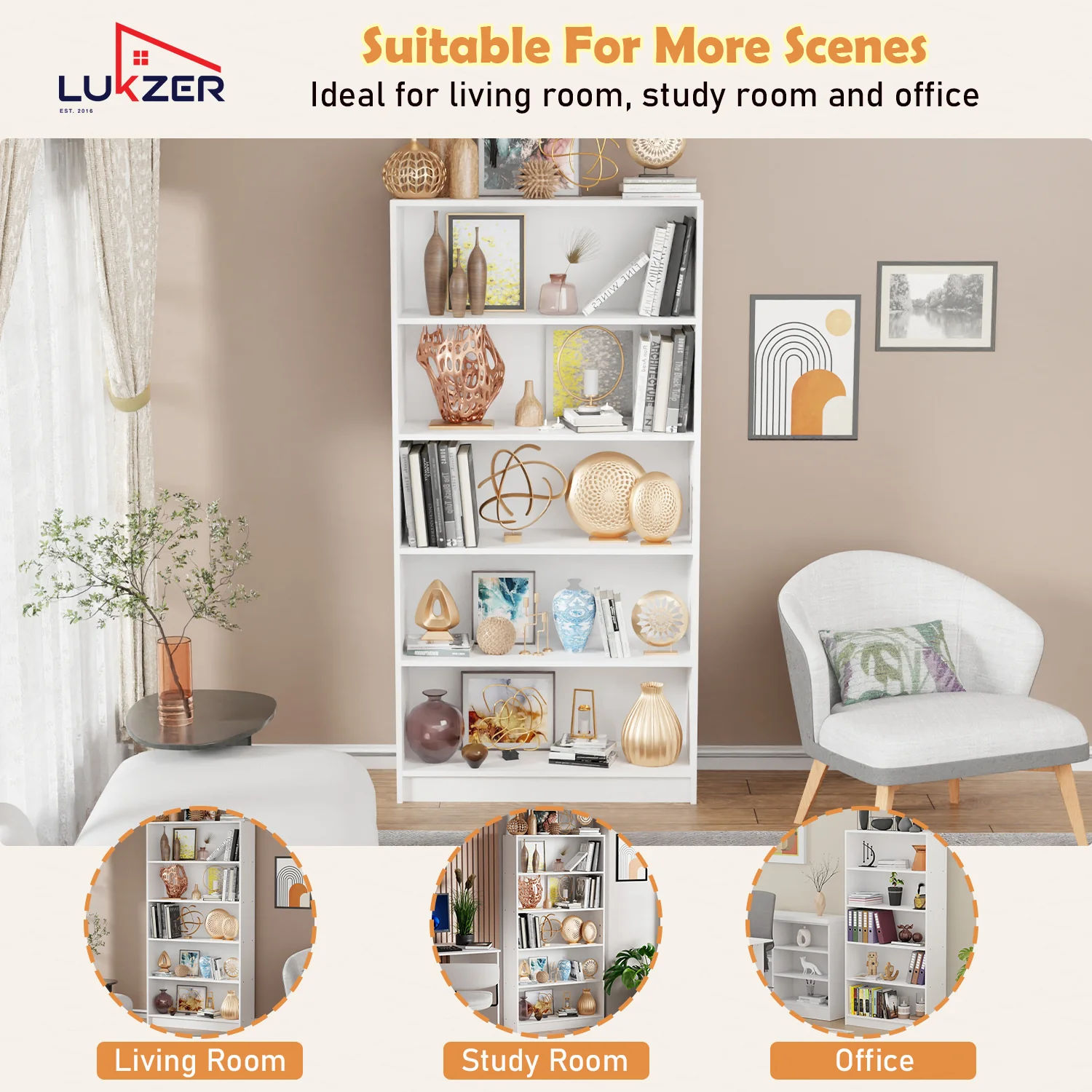 Lukzer Engineered Wood 6 Tier Bookcase Open Bookshelf & Display Rack (MR-032/White) - Image 10