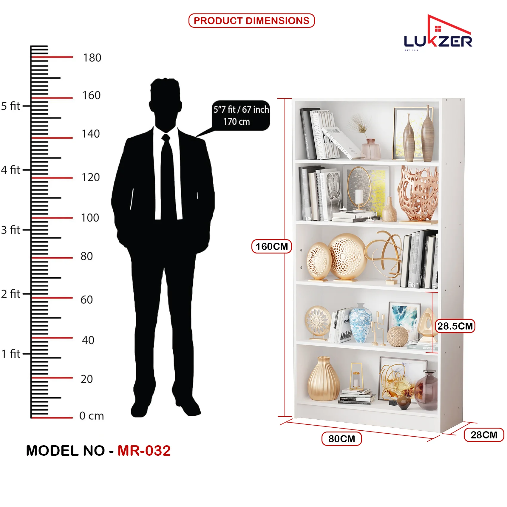 Lukzer Engineered Wood 6 Tier Bookcase Open Bookshelf & Display Rack (MR-032/White) - Image 4