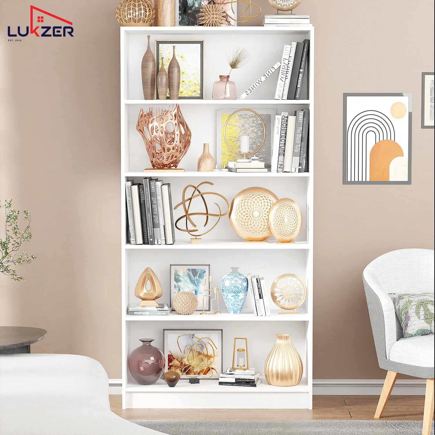 Lukzer Engineered Wood 6 Tier Bookcase Open Bookshelf & Display Rack (MR-032/White) - Image 5