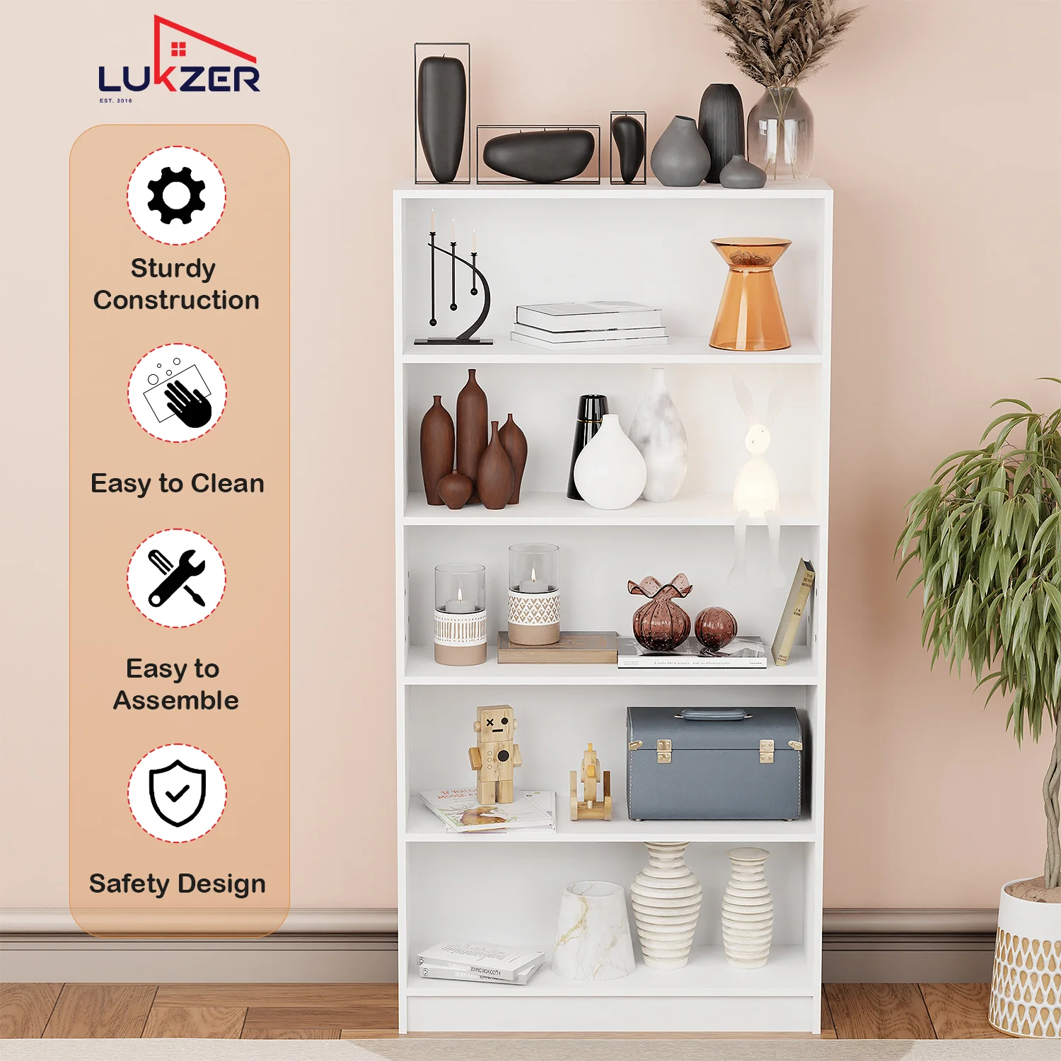 Lukzer Engineered Wood 6 Tier Bookcase Open Bookshelf & Display Rack (MR-032/White) - Image 7