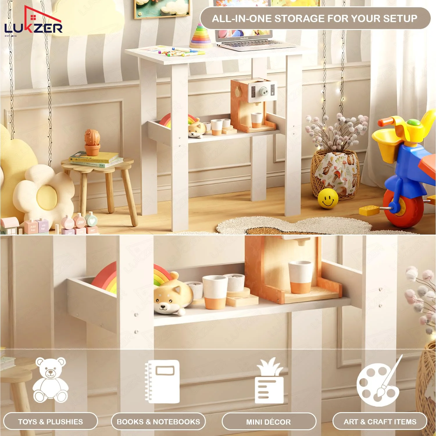 Lukzer Engineered Wood Kids Study Table with Open Shelf (ST-004S/White) - Image 6