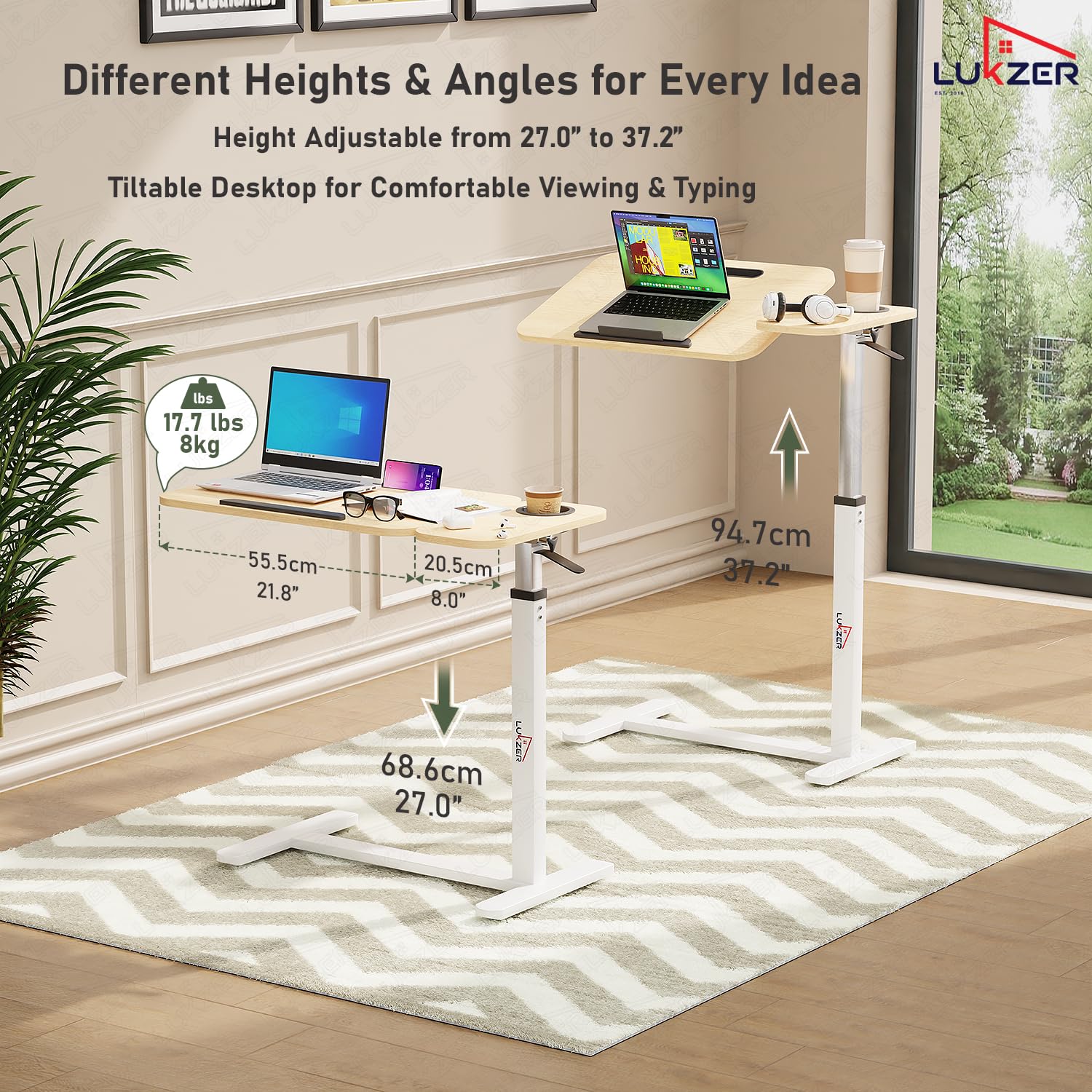 Lukzer Adjustable Overbed Study Table with Tilt Top, Cupholder & Wheels (MST-003/White & Oak Light) - Image 3