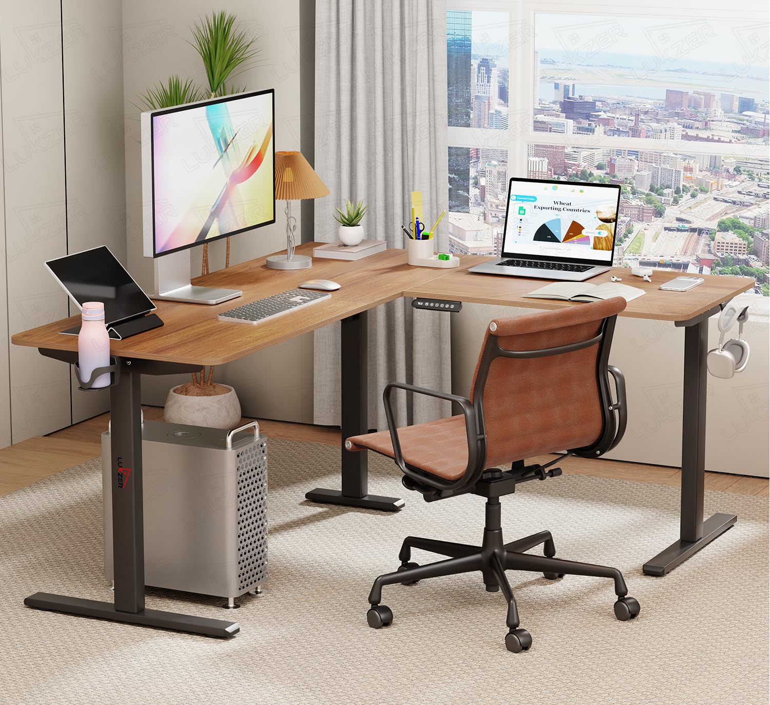 Lukzer L-Shape Electric Height Adjustable Study Desk (EST-001/Black & Oak Brown) - Image 3