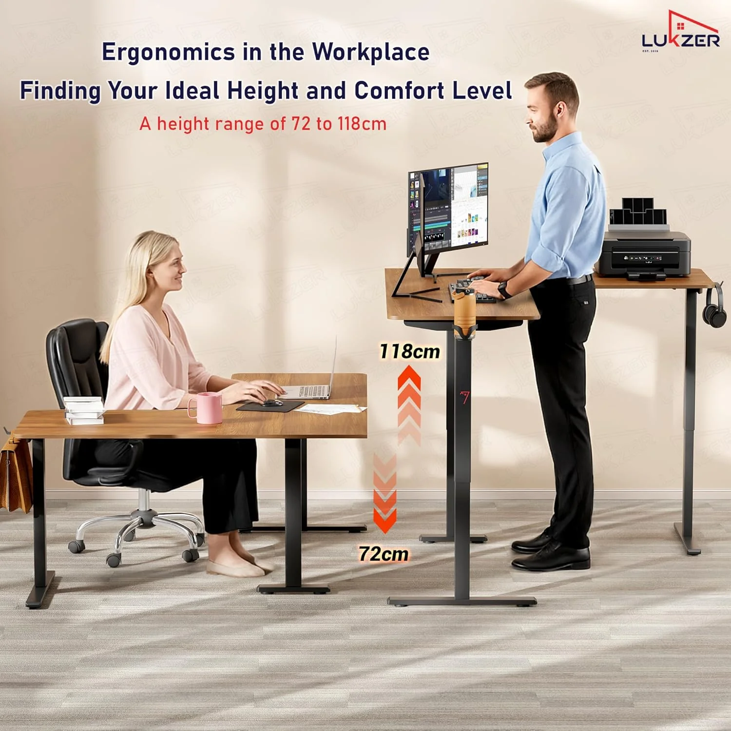 Lukzer L-Shape Electric Height Adjustable Study Desk (EST-001/Black & Oak Brown) - Image 4