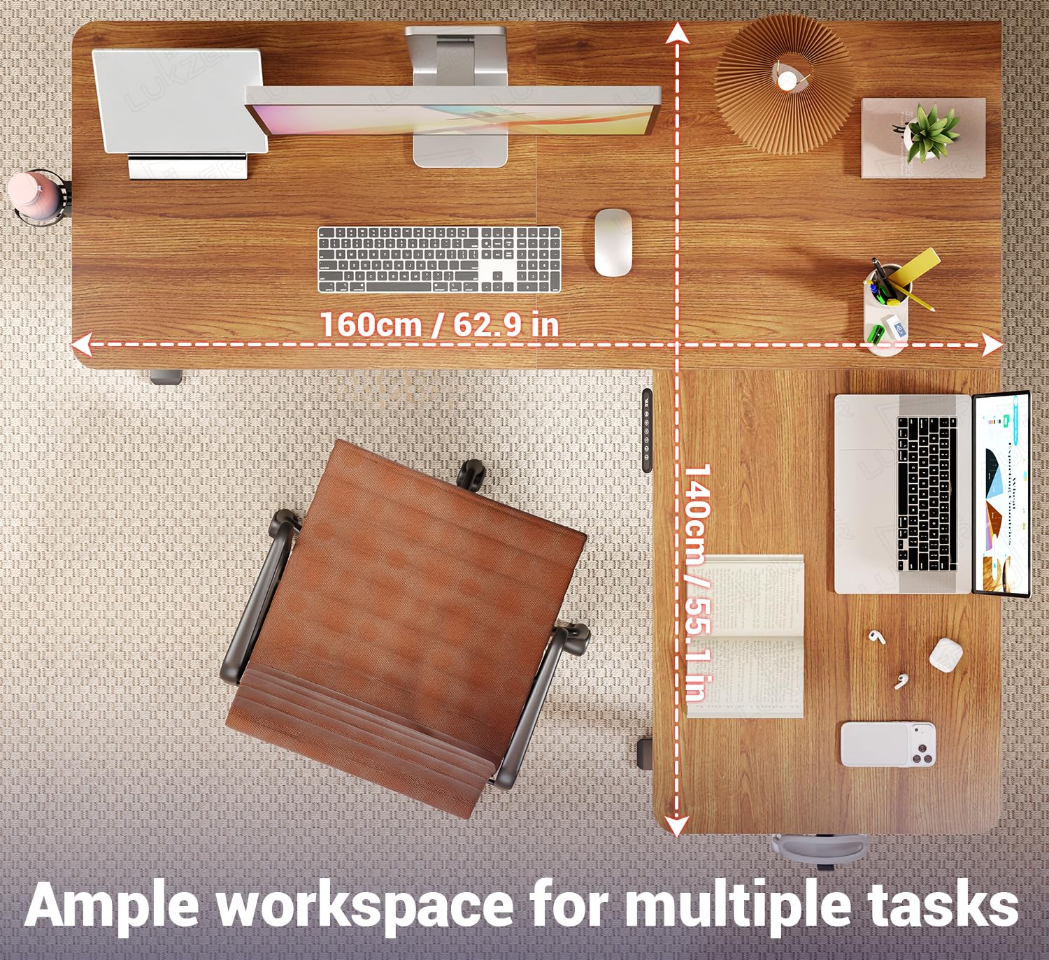 Lukzer L-Shape Electric Height Adjustable Study Desk (EST-001/Black & Oak Brown) - Image 6