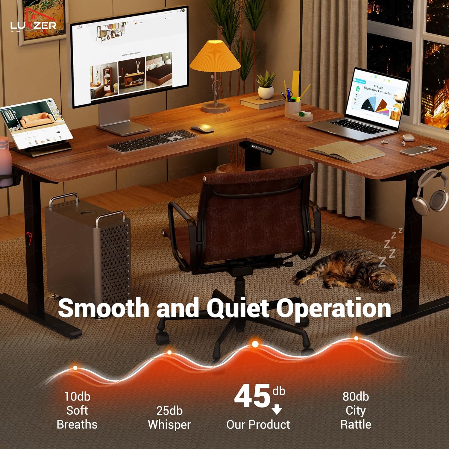 Lukzer L-Shape Electric Height Adjustable Study Desk (EST-001/Black & Oak Brown) - Image 8