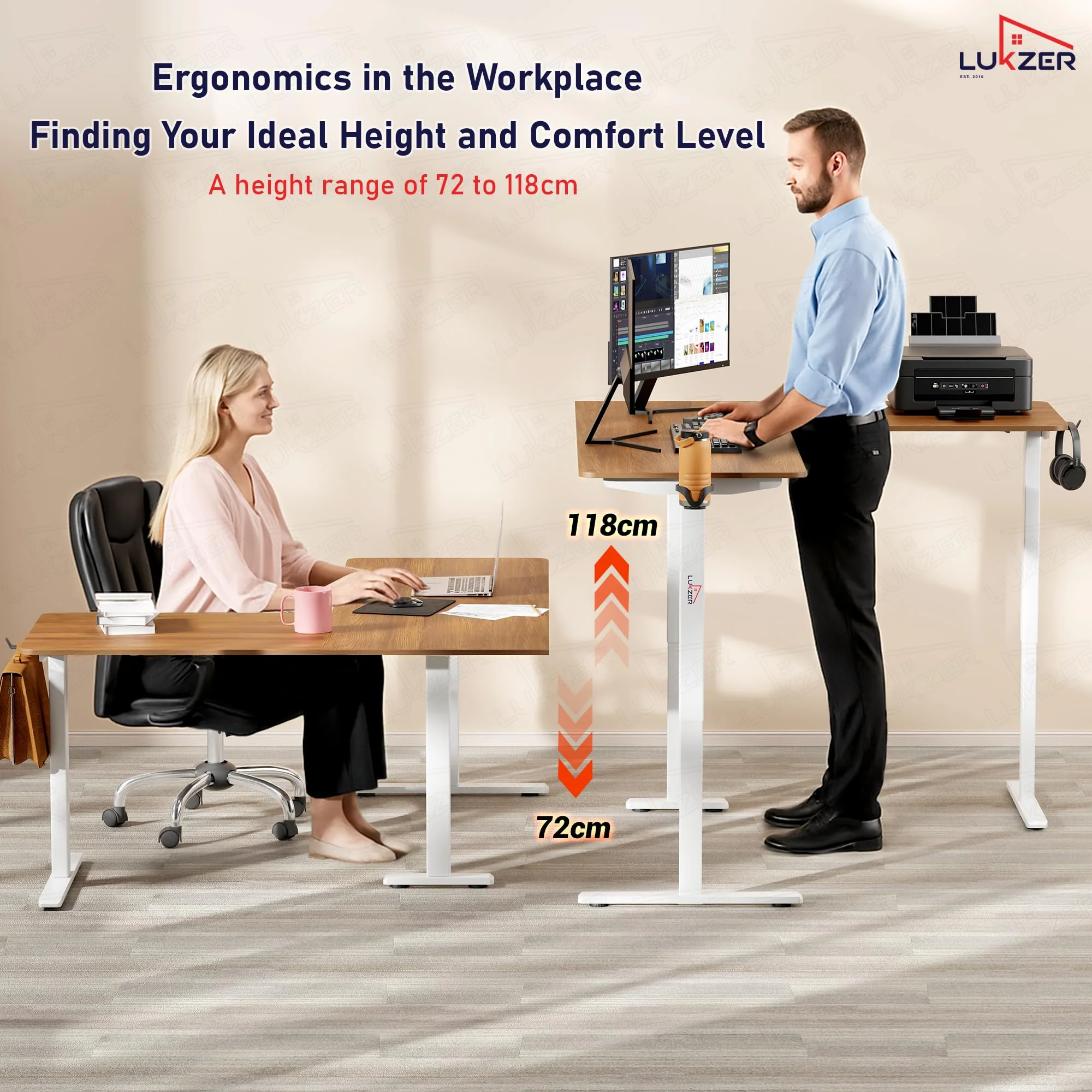 Lukzer L-Shape Electric Height Adjustable Study Desk (EST-001/White & Oak Brown) - Image 4