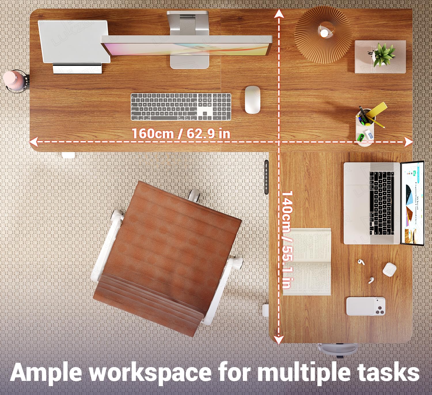 Lukzer L-Shape Electric Height Adjustable Study Desk (EST-001/White & Oak Brown) - Image 6