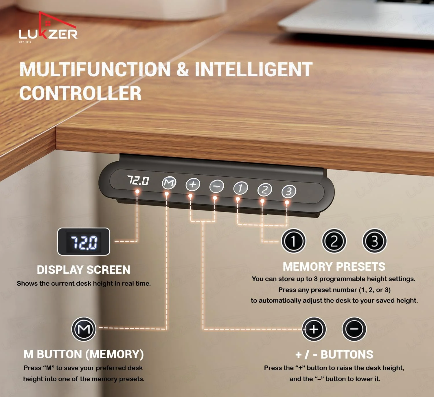 Lukzer L-Shape Electric Height Adjustable Study Desk (EST-001/White & Oak Brown) - Image 7