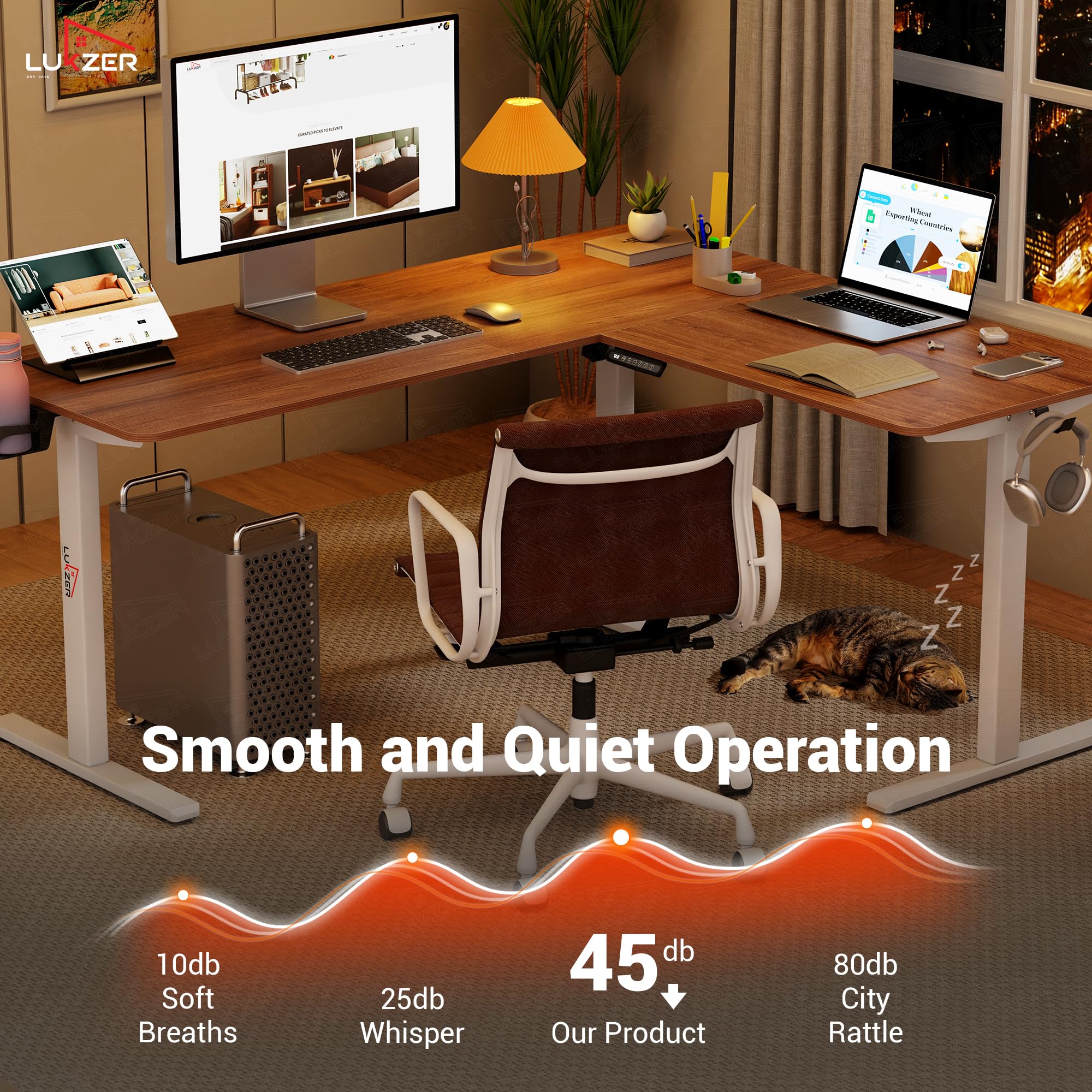 Lukzer L-Shape Electric Height Adjustable Study Desk (EST-001/White & Oak Brown) - Image 8