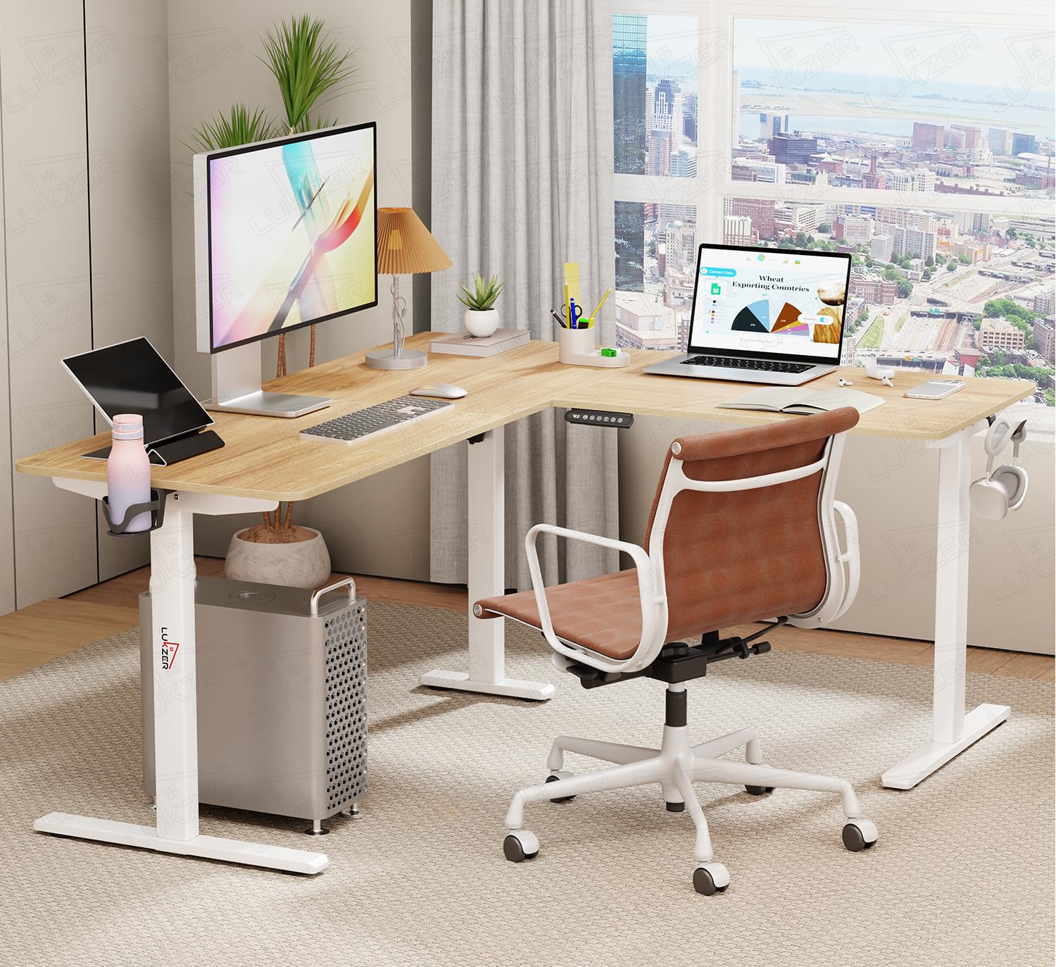 Lukzer L-Shape Electric Height Adjustable Study Desk (EST-001/White & Oak Light) - Image 3
