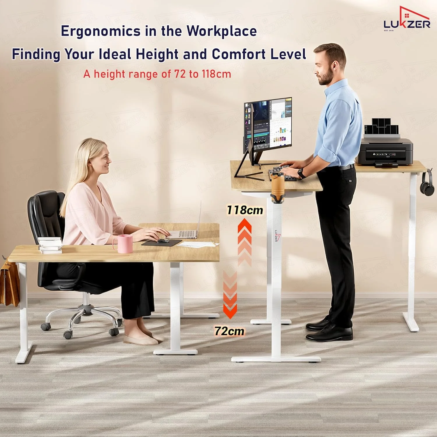 Lukzer L-Shape Electric Height Adjustable Study Desk (EST-001/White & Oak Light) - Image 4