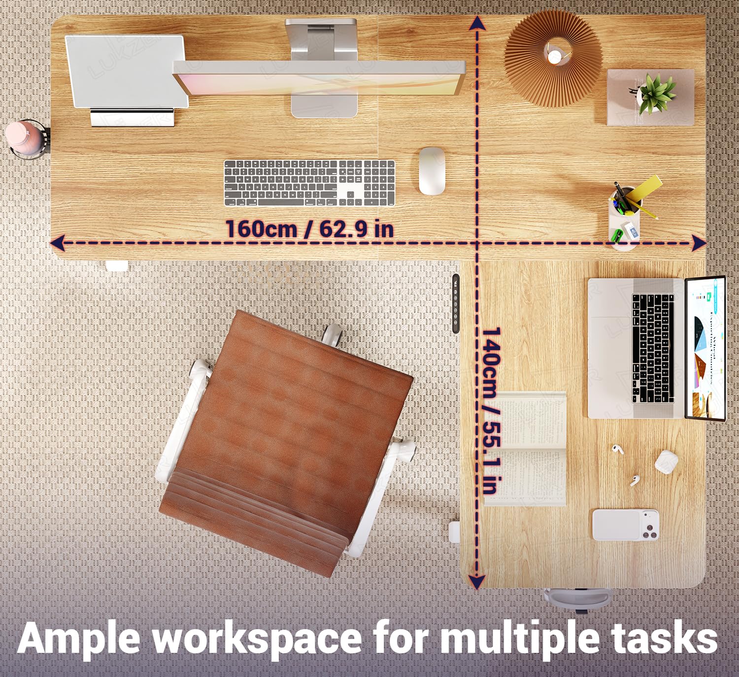 Lukzer L-Shape Electric Height Adjustable Study Desk (EST-001/White & Oak Light) - Image 5