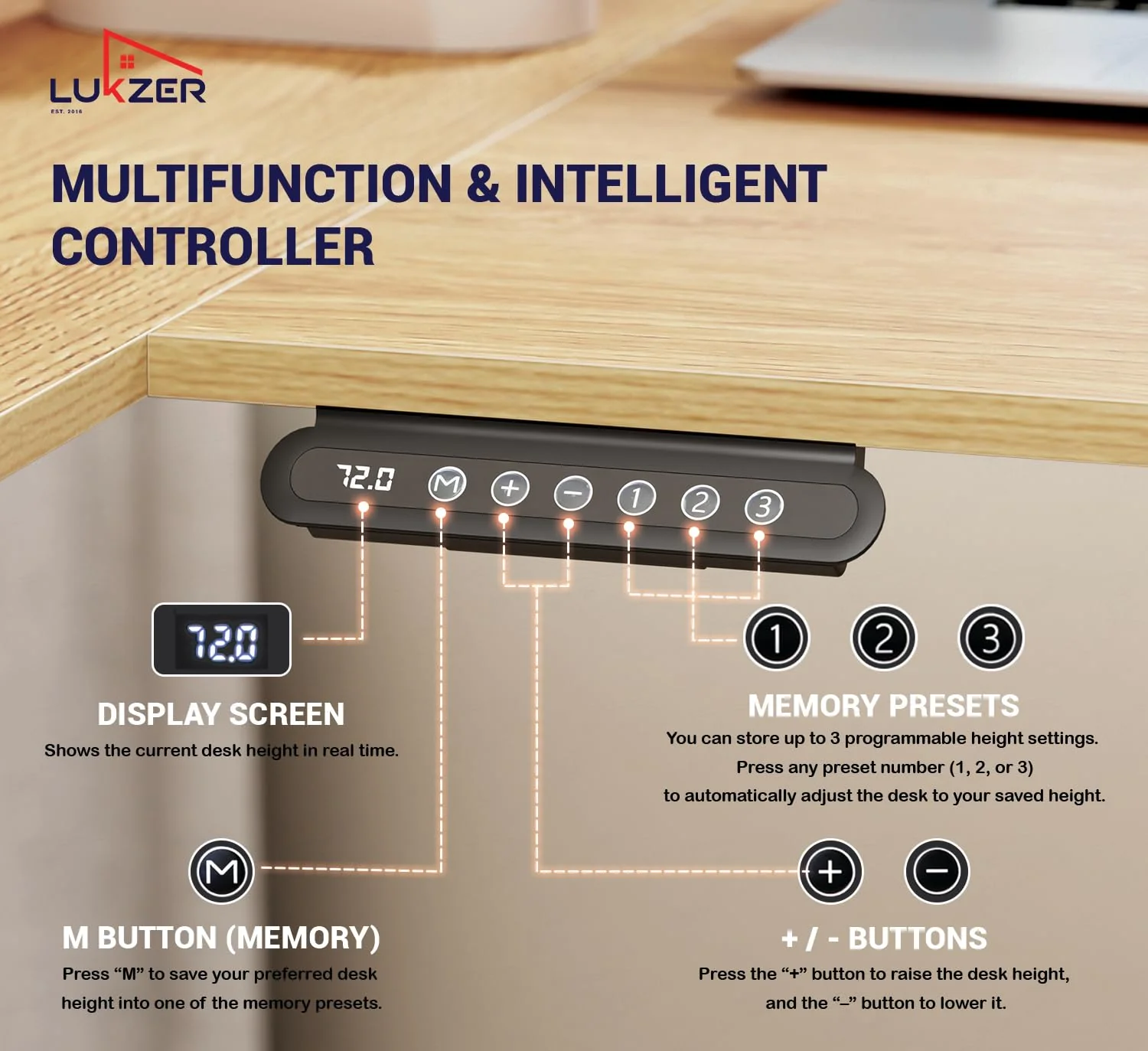 Lukzer L-Shape Electric Height Adjustable Study Desk (EST-001/White & Oak Light) - Image 7