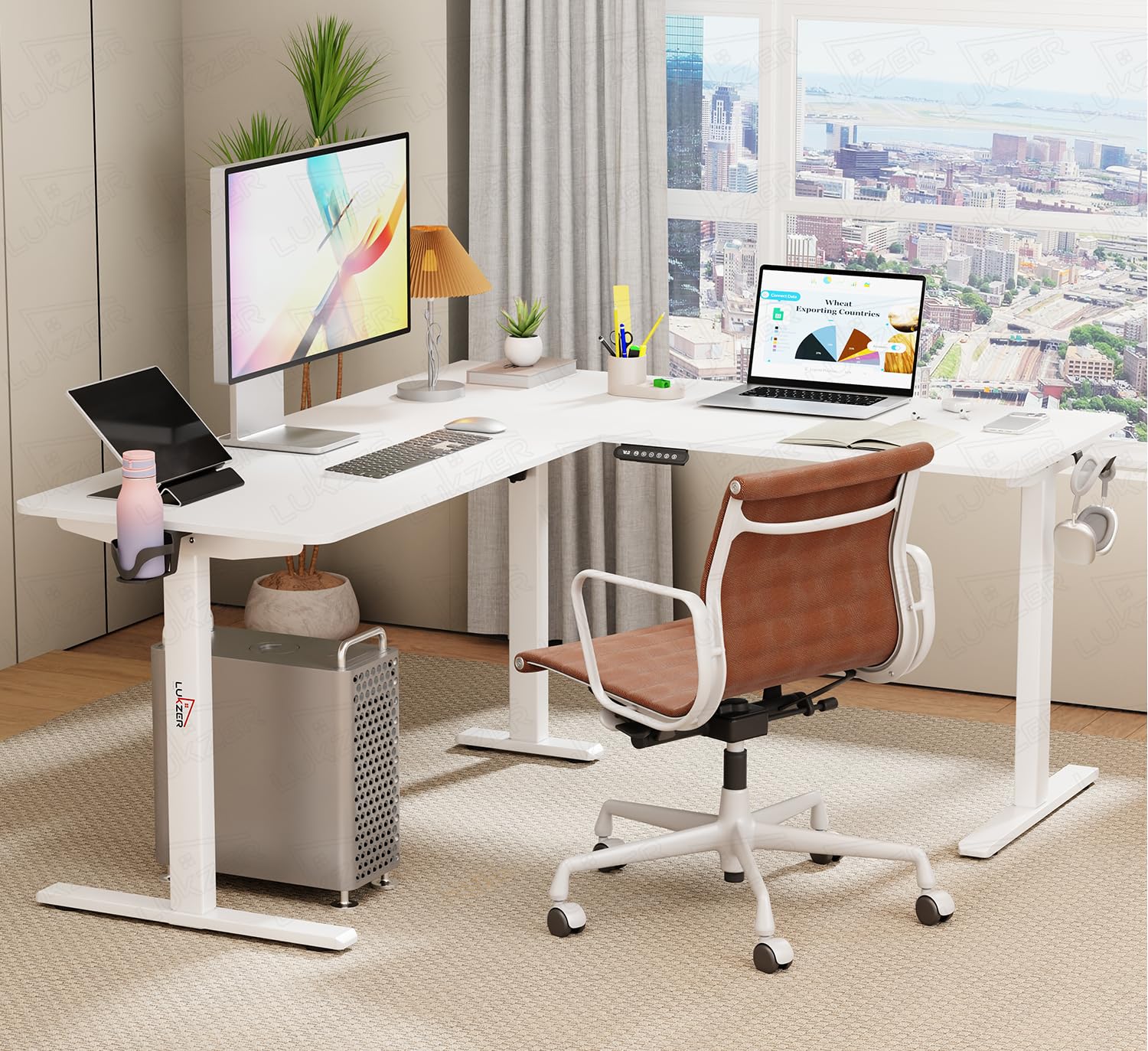 Lukzer L-Shape Electric Height Adjustable Study Desk (EST-001/White & White) - Image 3