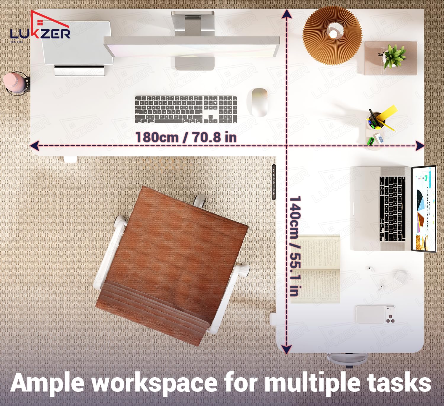 Lukzer L-Shape Electric Height Adjustable Study Desk (EST-001/White & White) - Image 5