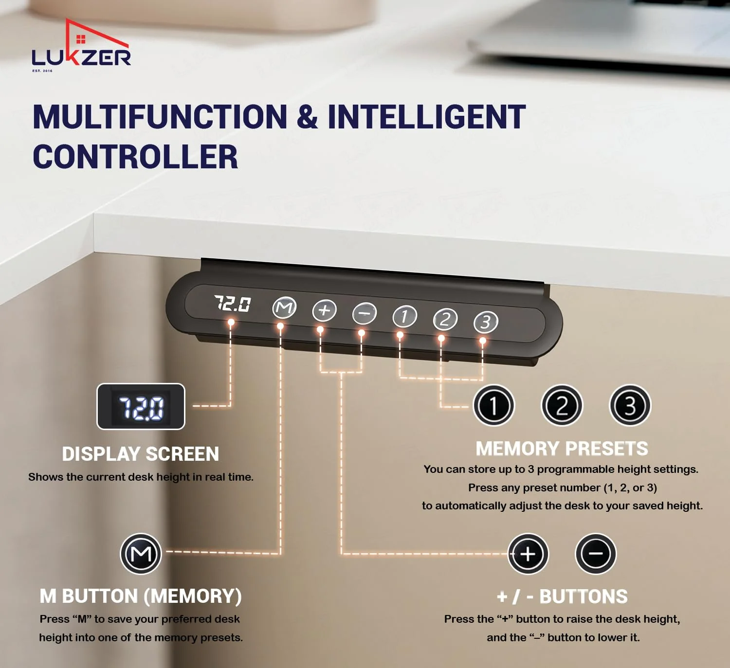 Lukzer L-Shape Electric Height Adjustable Study Desk (EST-001/White & White) - Image 7