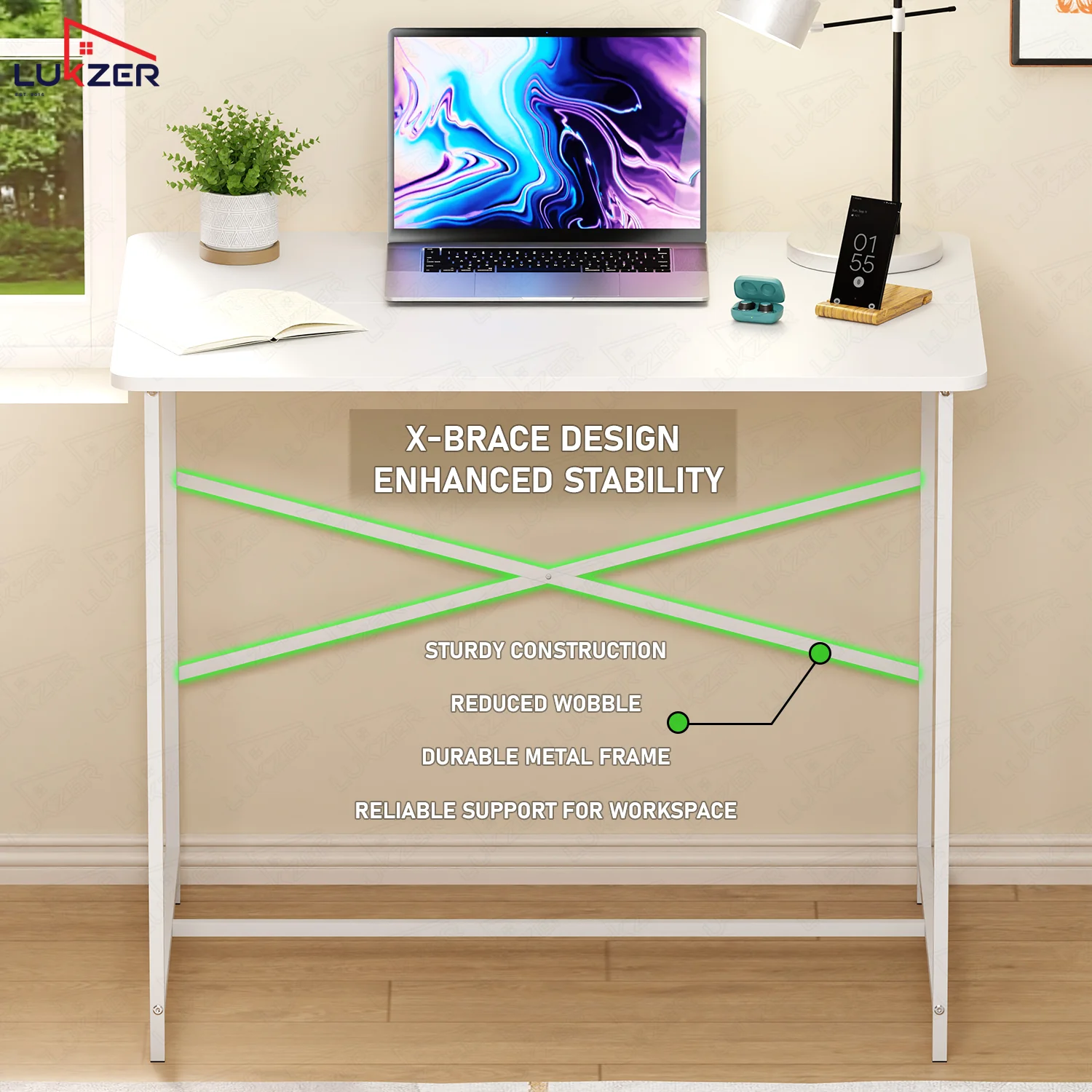 Lukzer X-Support Metal Frame & Engineered Wood Study Table for Home & Office (MST-008) white & white - Image 8