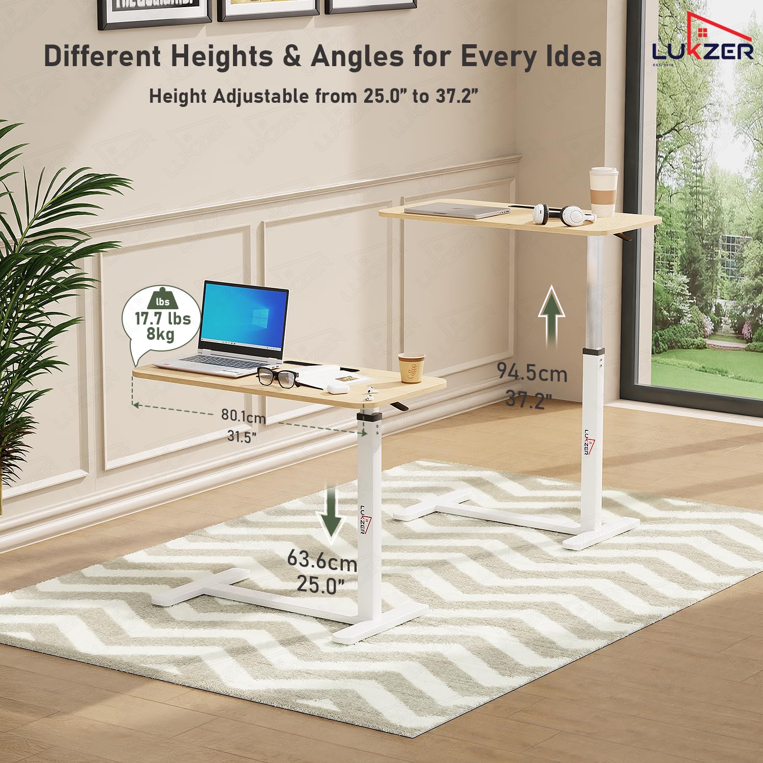 Lukzer Modern Adjustable Overbed Study Table with Wheels (MST-002/White & Oak Light) - Image 3