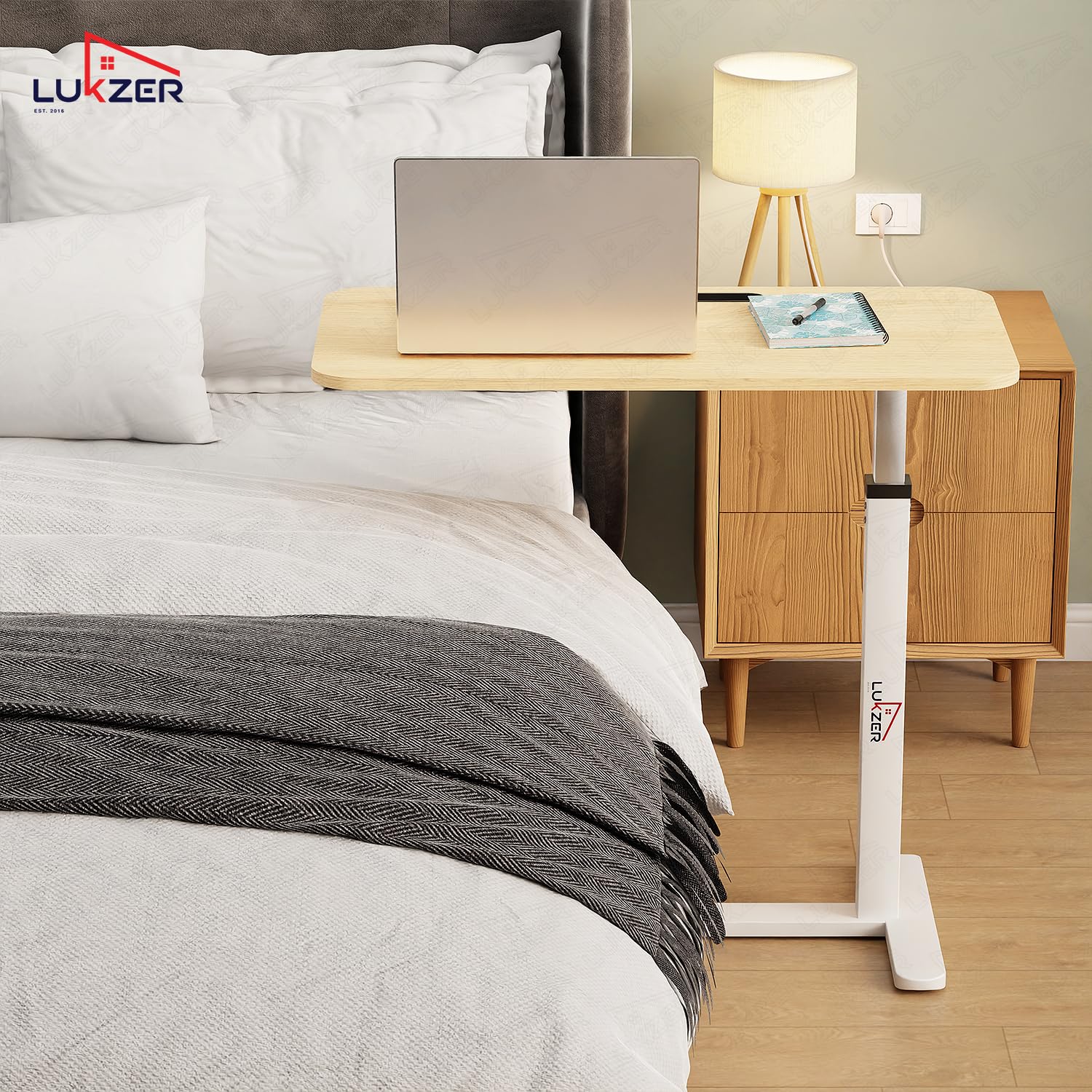 Lukzer Modern Adjustable Overbed Study Table with Wheels (MST-002/White & Oak Light) - Image 4