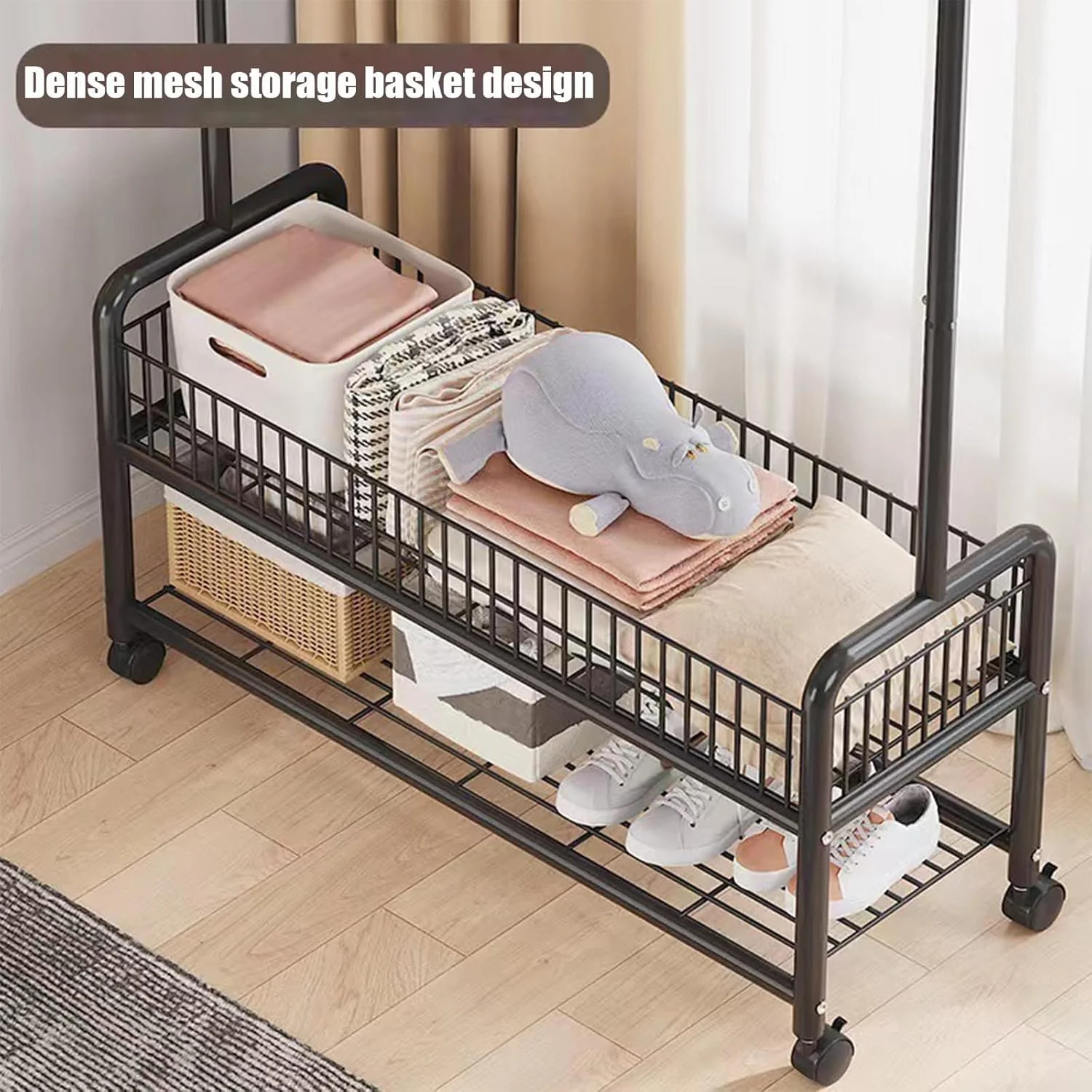 Lukzer Heavy-Duty Portable Metal Clothes Rack with Double Rod & Bottom Shelf (MGR-002/Black) - Image 7