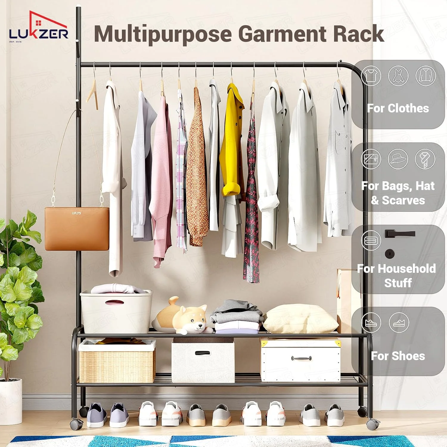 Lukzer Single Pole Portable Metal Garment Rack with 2 Bottom Shelves (MGR-008/Black) - Image 3