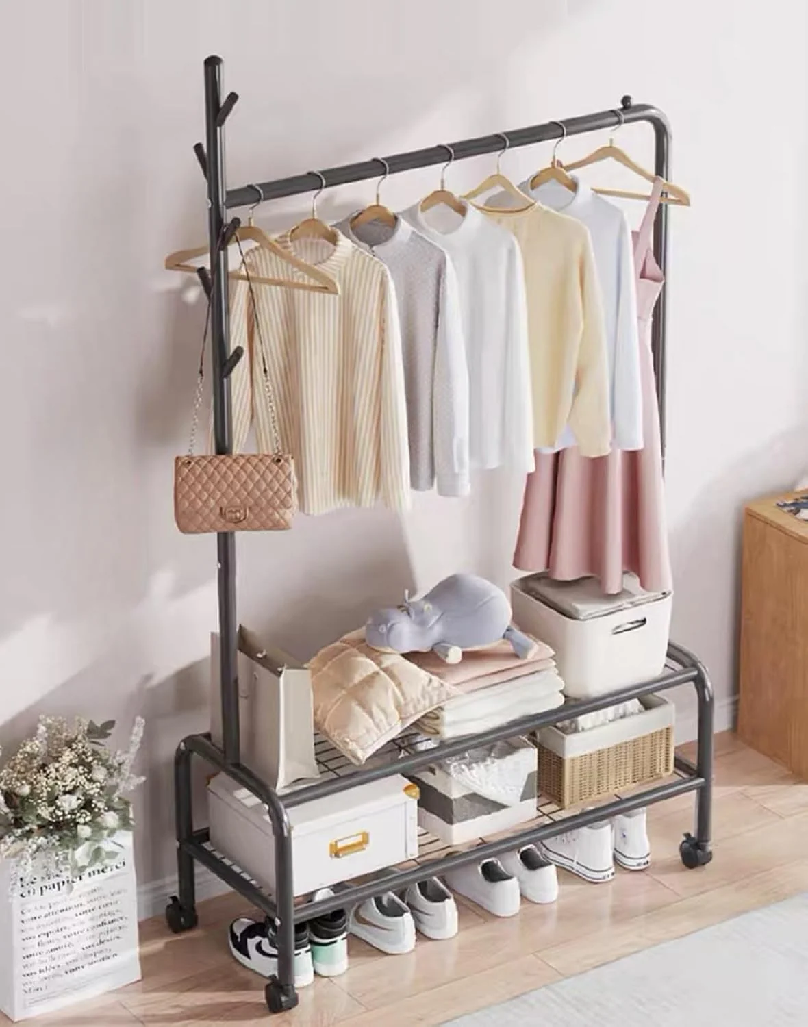 Lukzer Single Pole Portable Metal Garment Rack with 2 Bottom Shelves (MGR-008/Black) - Image 4