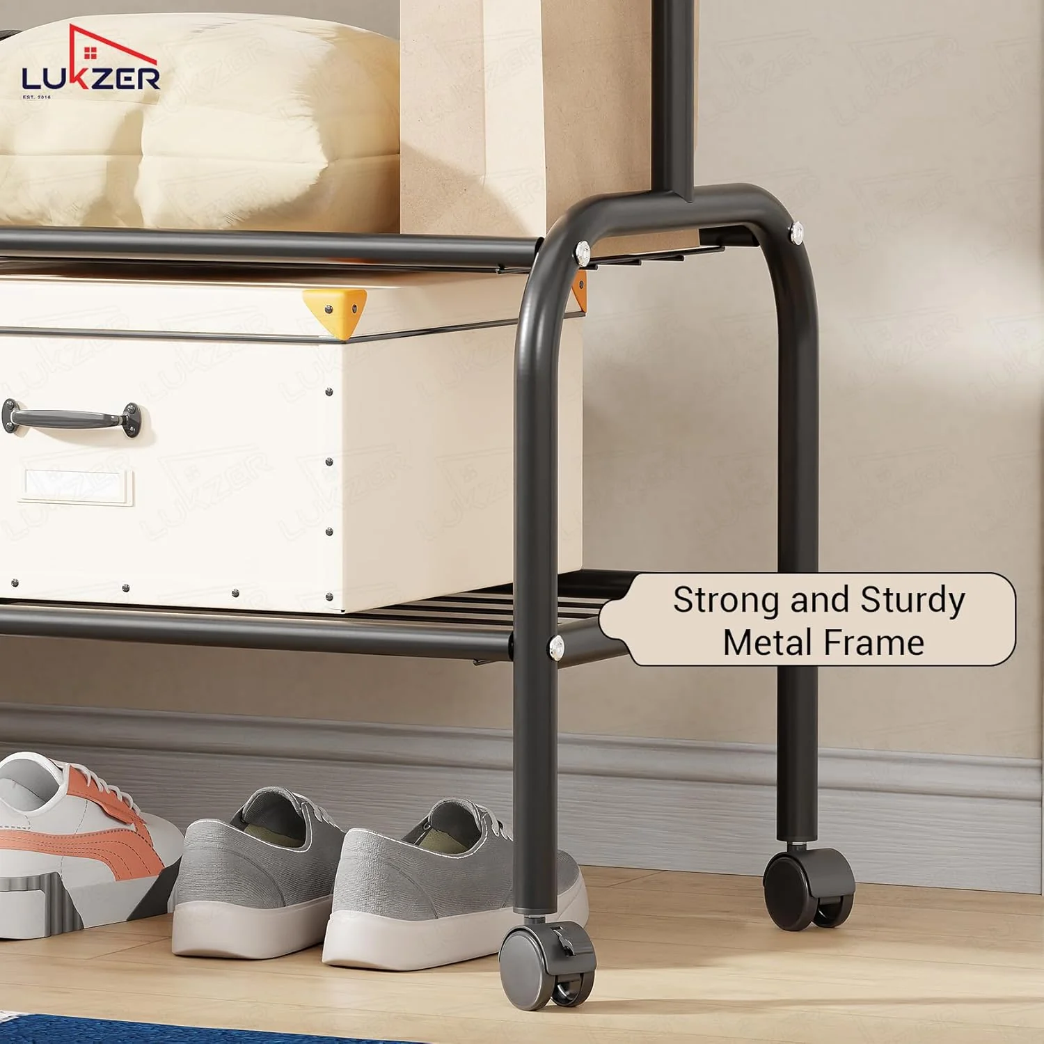 Lukzer Single Pole Portable Metal Garment Rack with 2 Bottom Shelves (MGR-008/Black) - Image 6